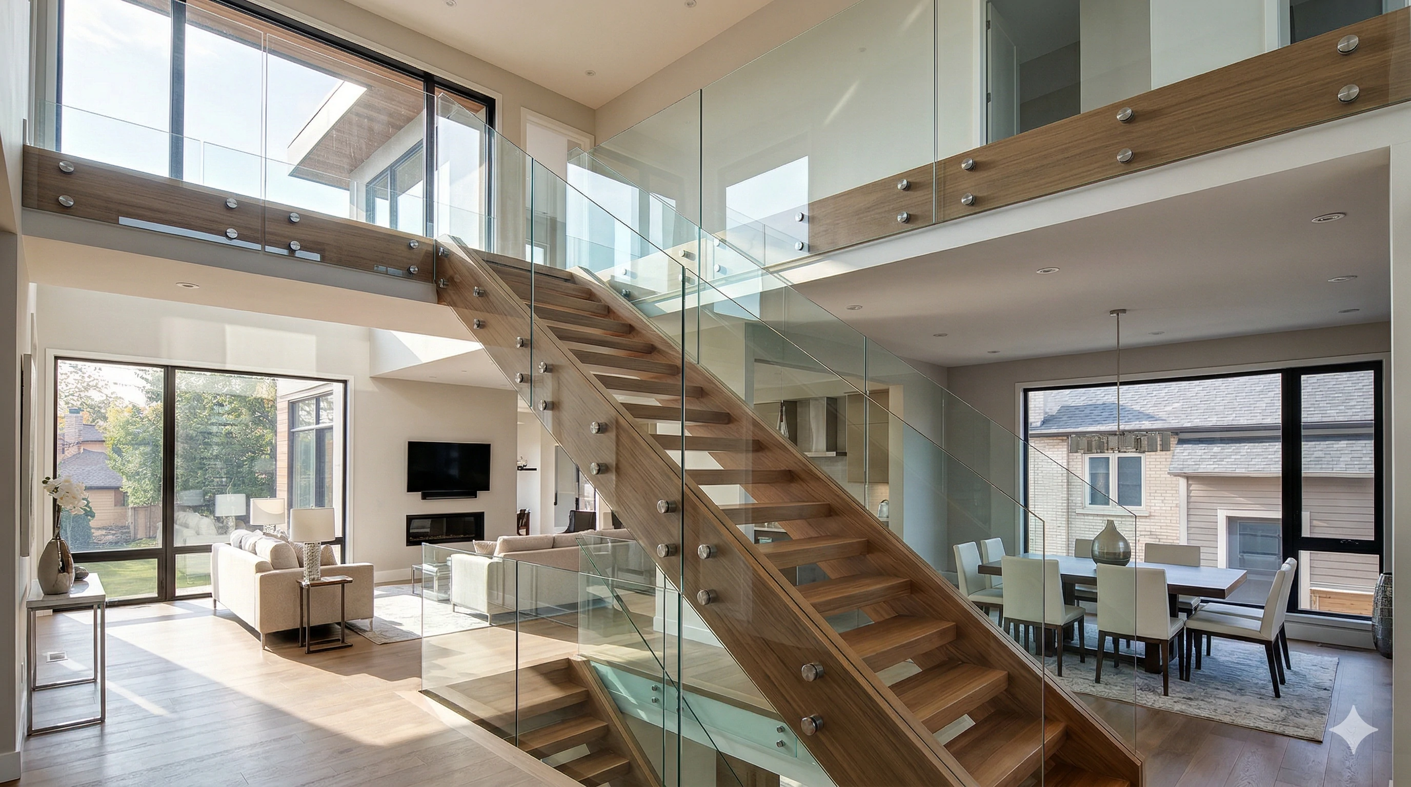 Modern wooden staircase with glass railing secured by stainless steel standoffs