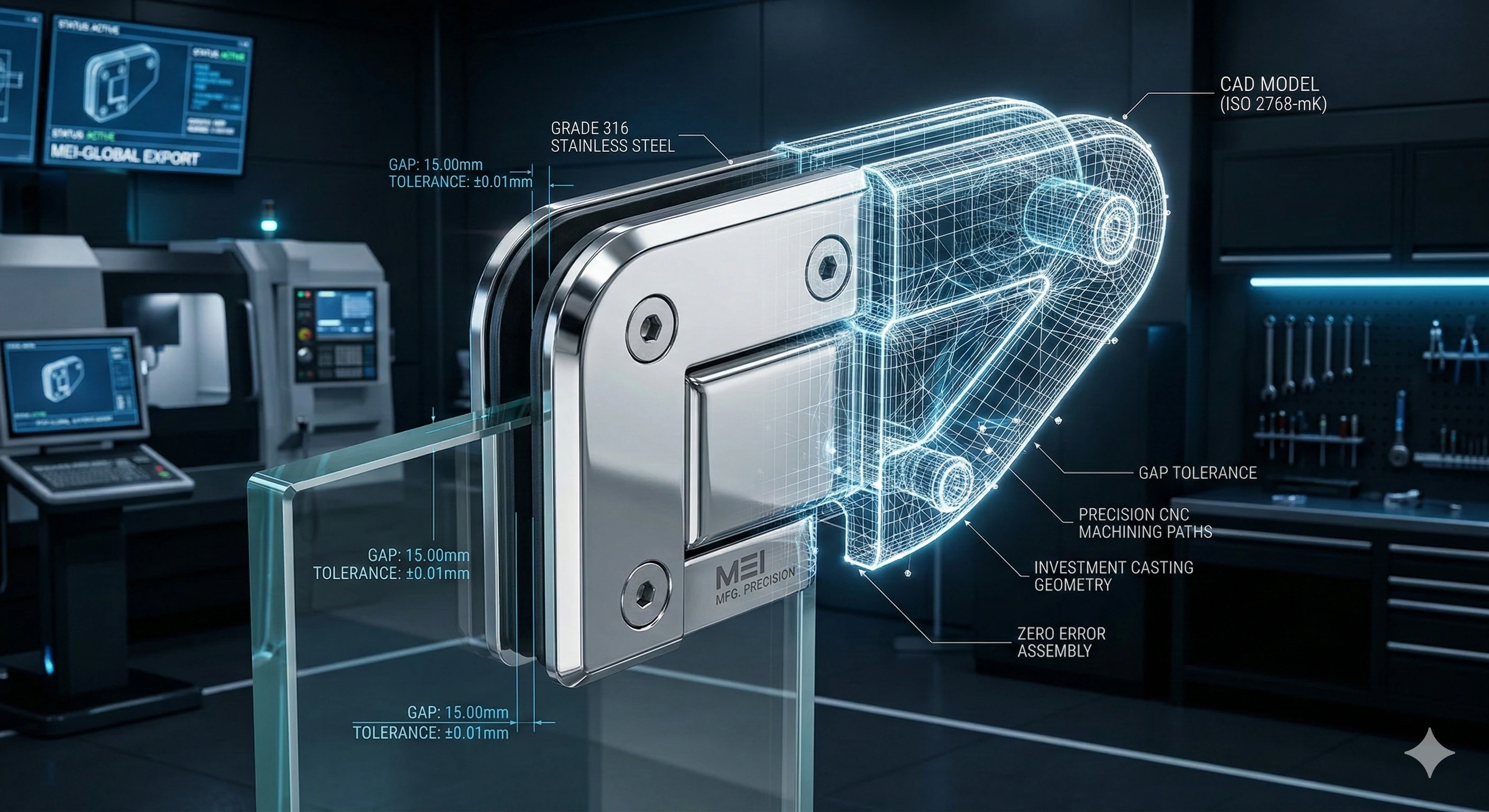 Precision CNC machined glass railing hardware CAD design overlay