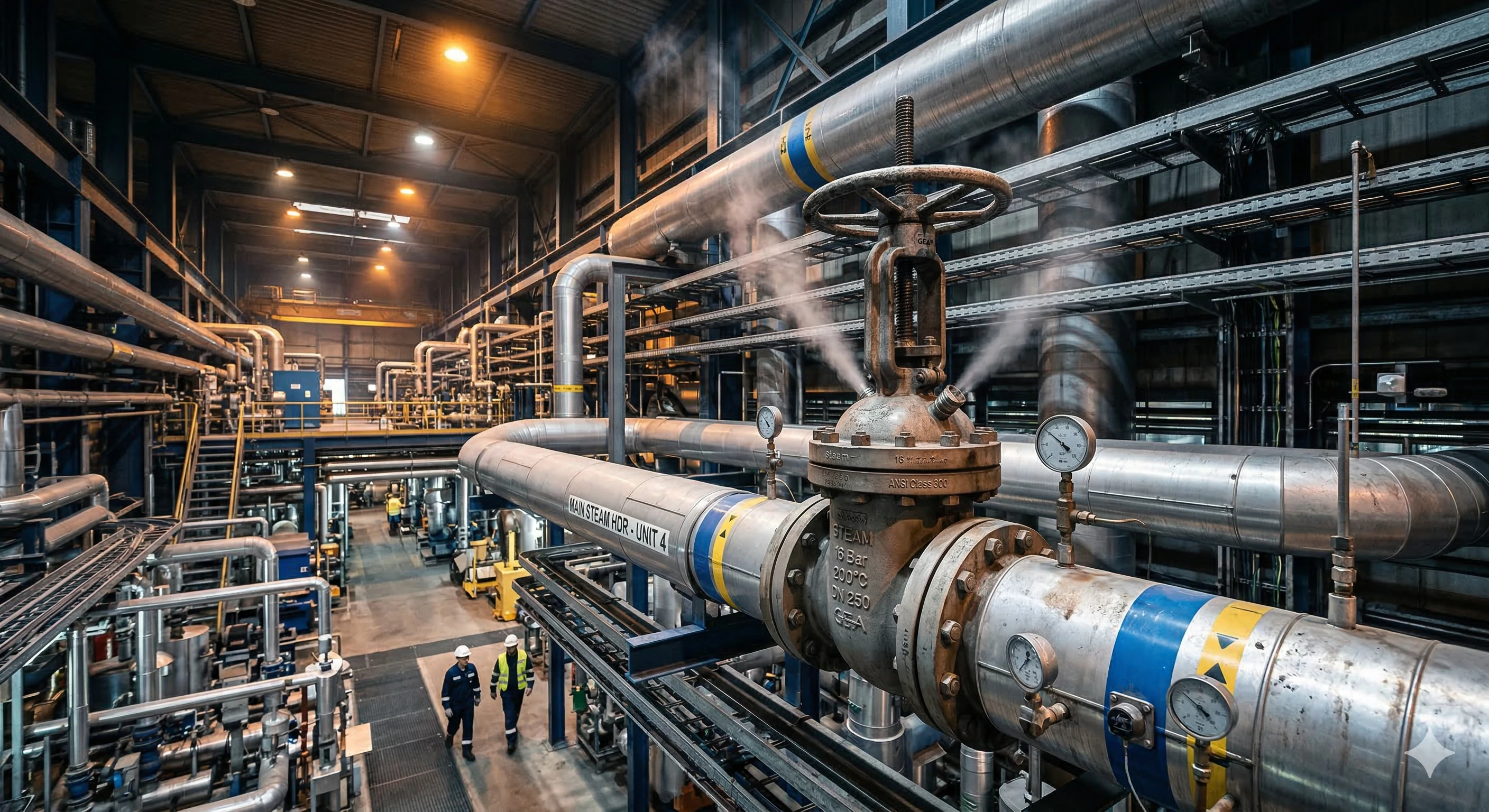 Industrial steam pipeline and heavy-duty valve operating in a manufacturing facility