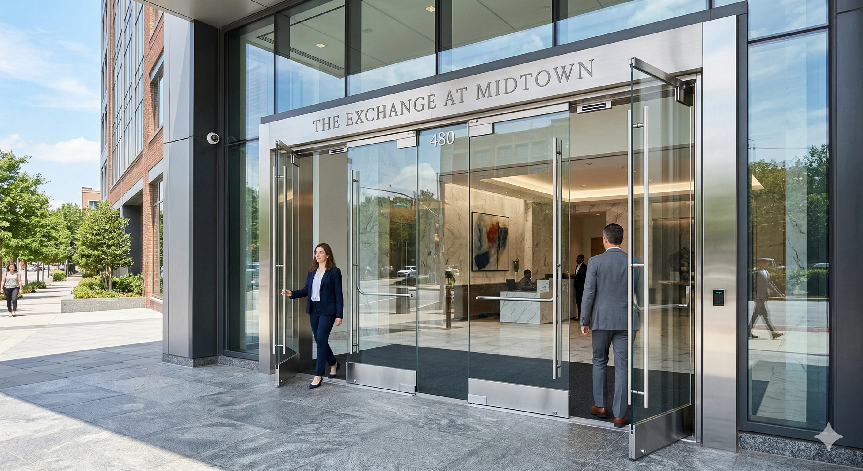 Woman entering modern glass doors at The Exchange at Midtown