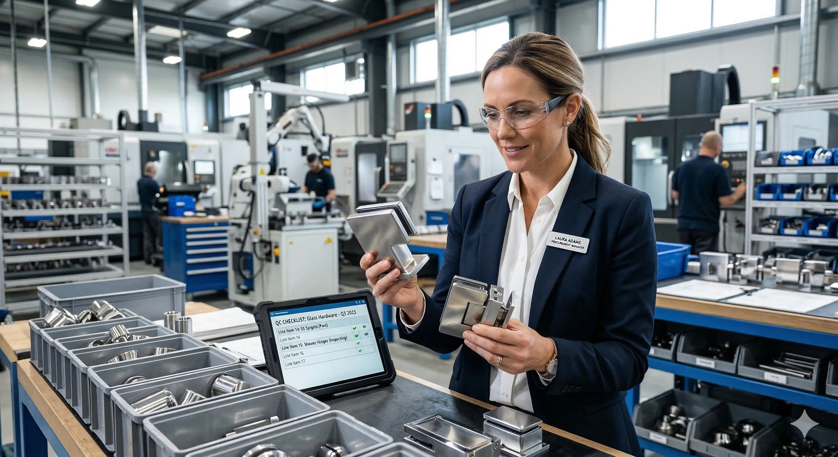 Responsable des achats inspectant des charnières de douche en verre dans une usine moderne de fabrication de quincaillerie