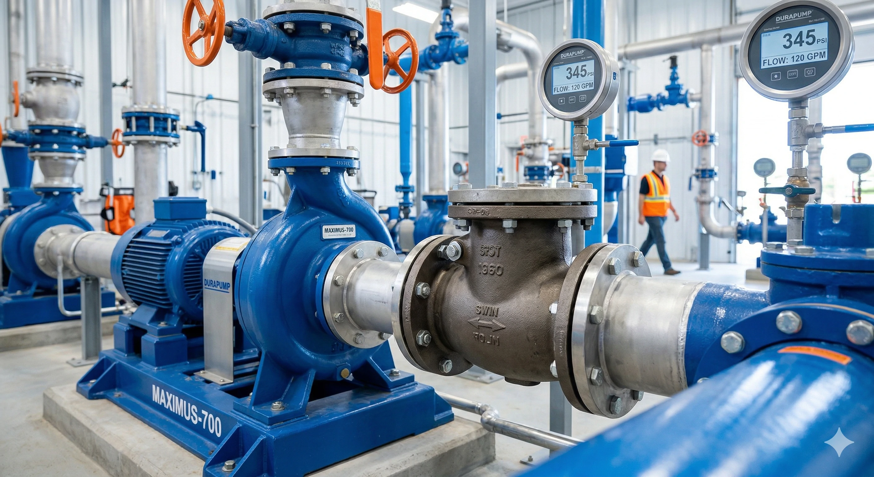 Blue industrial water pumps and piping system with pressure gauges