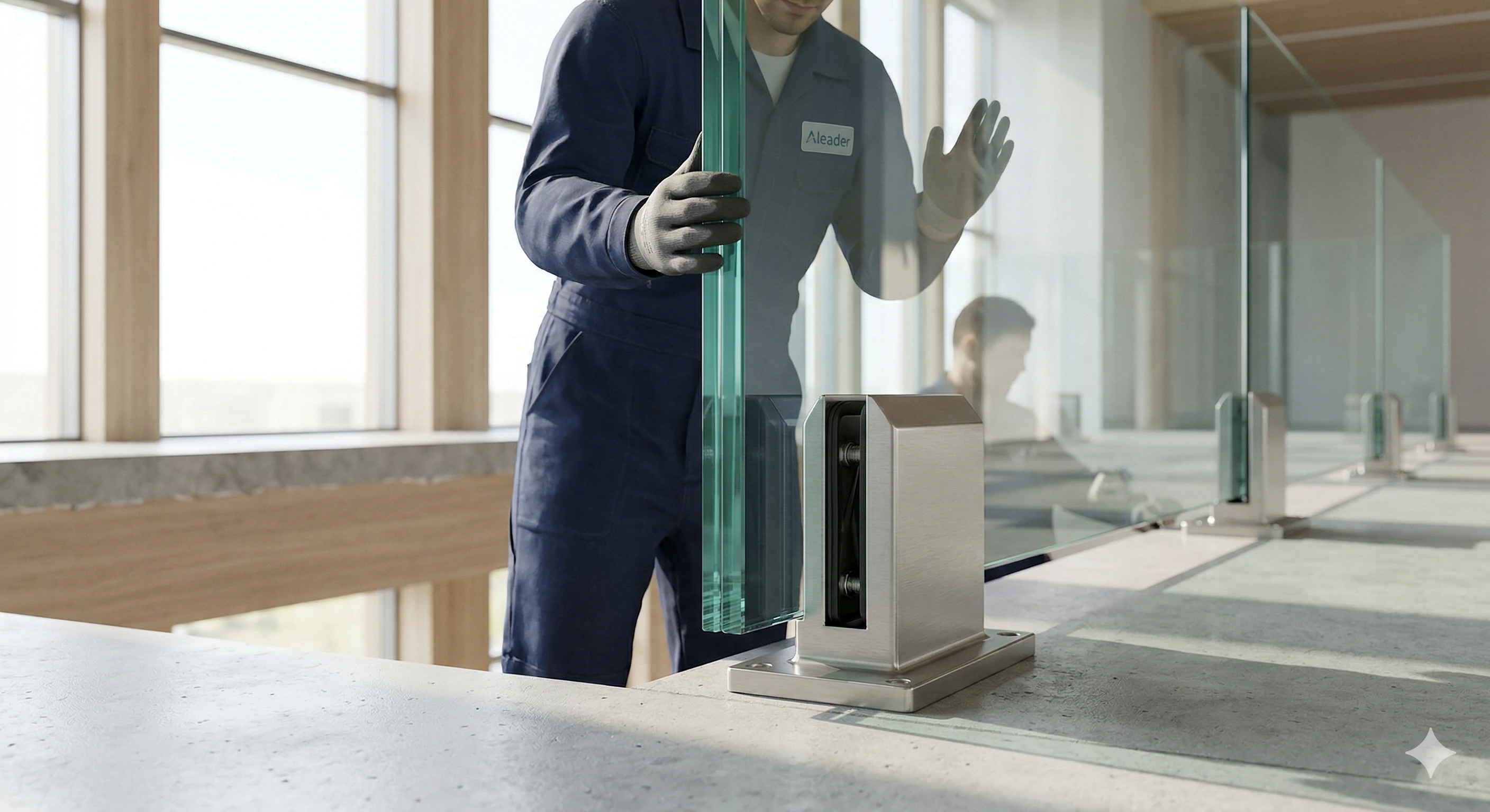 Worker installing frameless glass panel into a stainless steel floor clamp