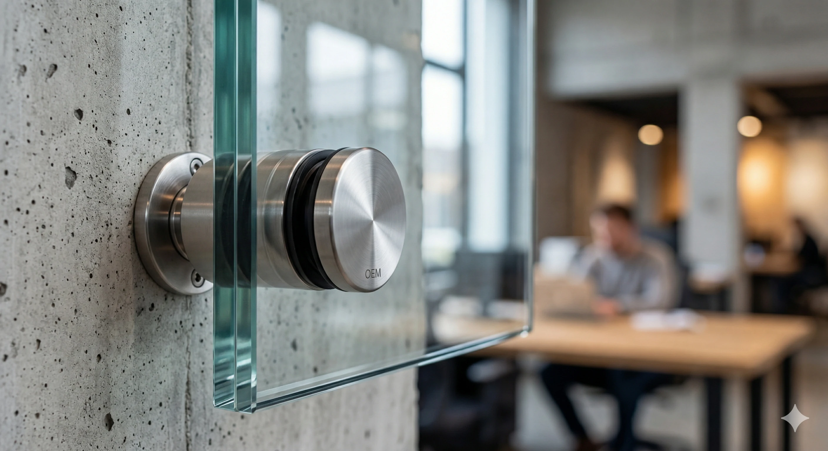 Close-up of stainless steel glass standoff fitting on concrete wall