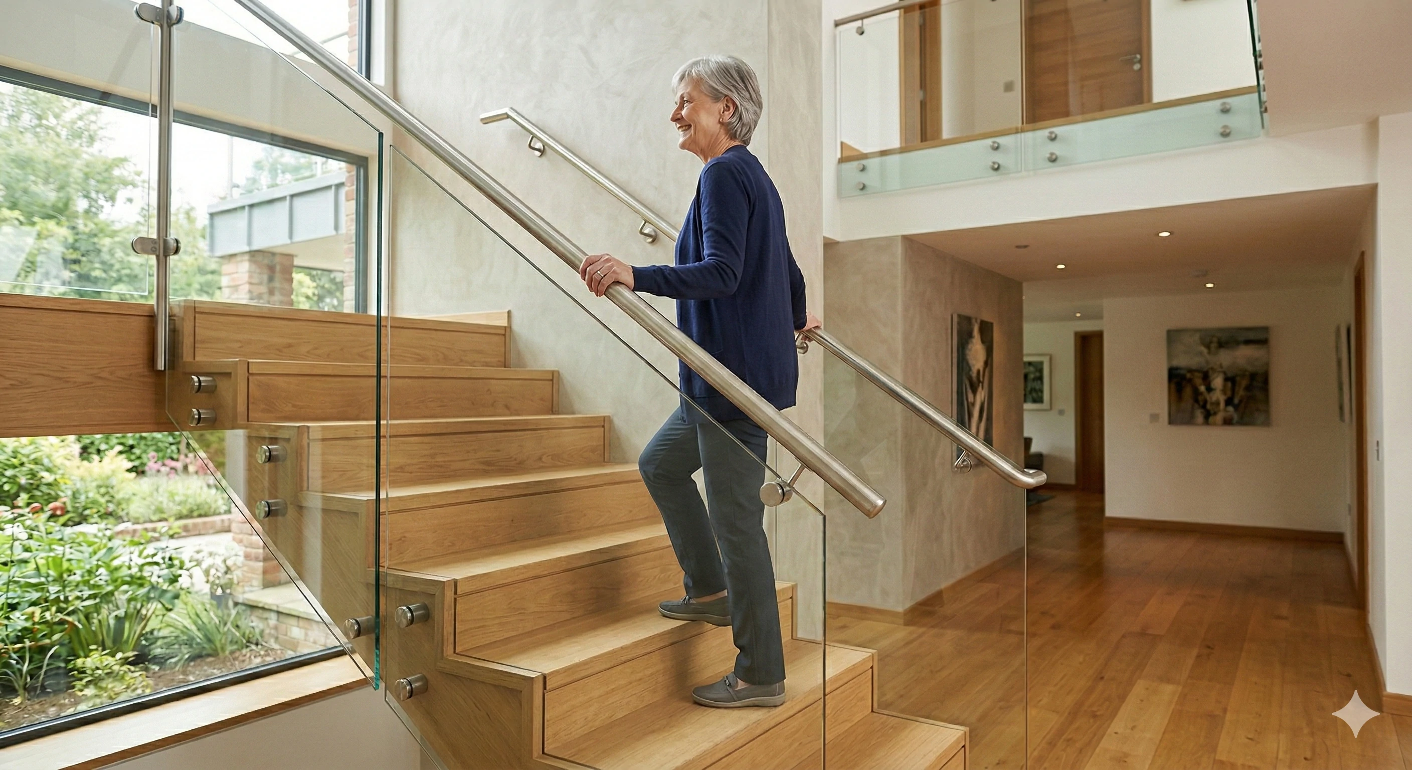 Senior woman safely using a glass railing with stainless steel handrail