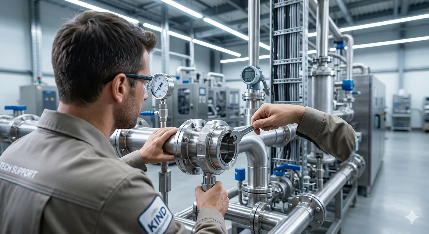 Technician tightening a stainless steel pipe fitting with a wrench