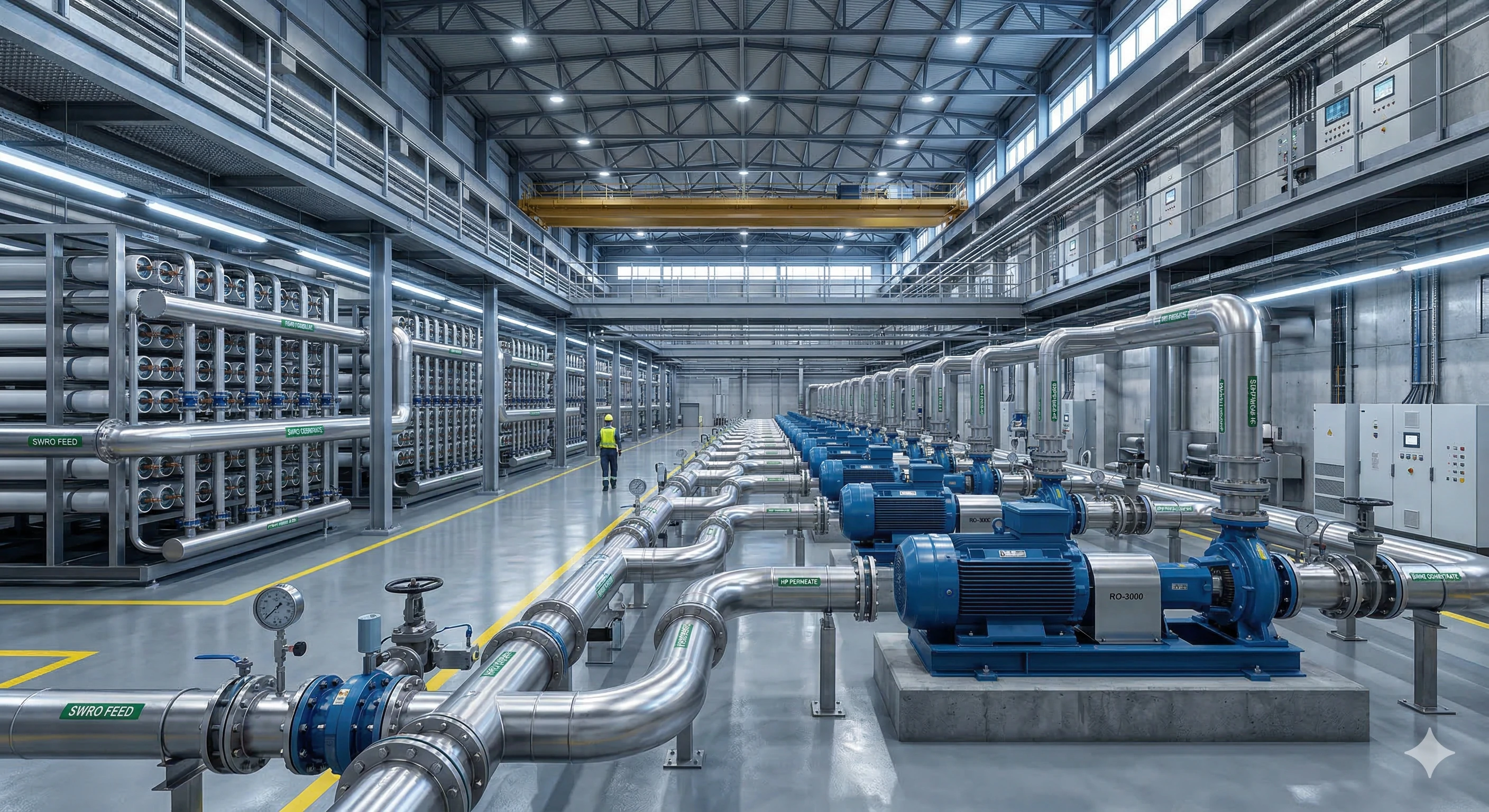 Large industrial water treatment facility with stainless steel piping and pumps