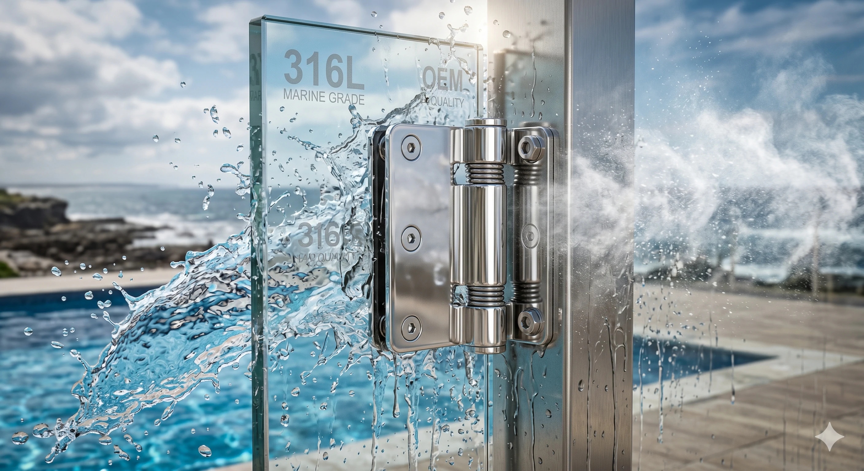316L marine grade stainless steel glass pool hinge splashing water.