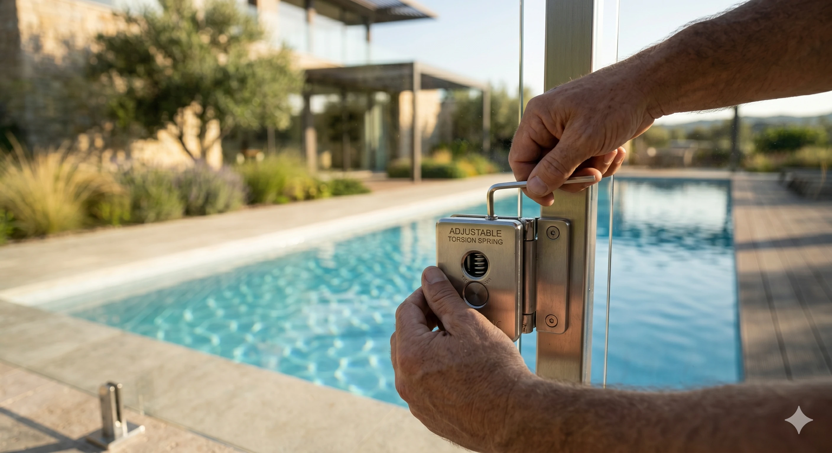Person using tool to adjust tension on pool gate torsion spring hinge