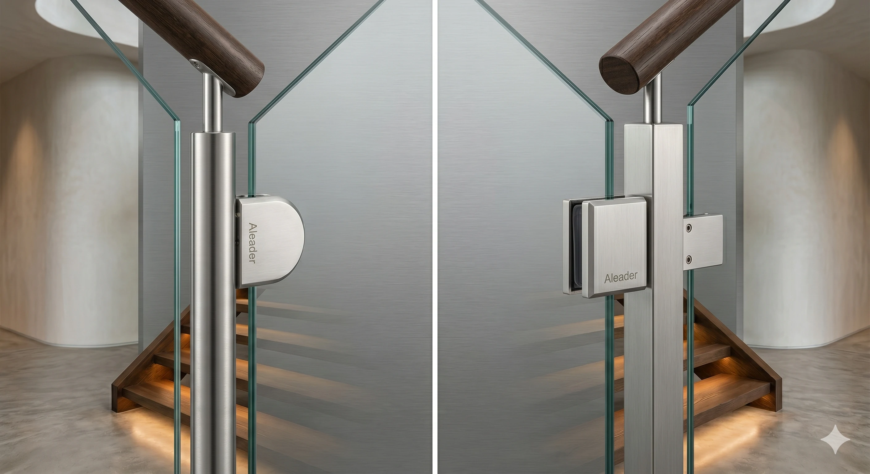 Stainless steel glass railing spigots by Aleader on modern wooden stairs.