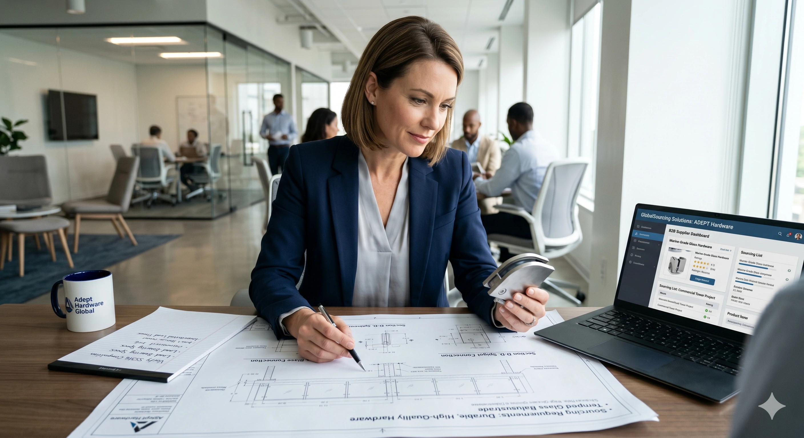 Architect reviewing blueprints and inspecting a stainless steel glass railing spigot in office.