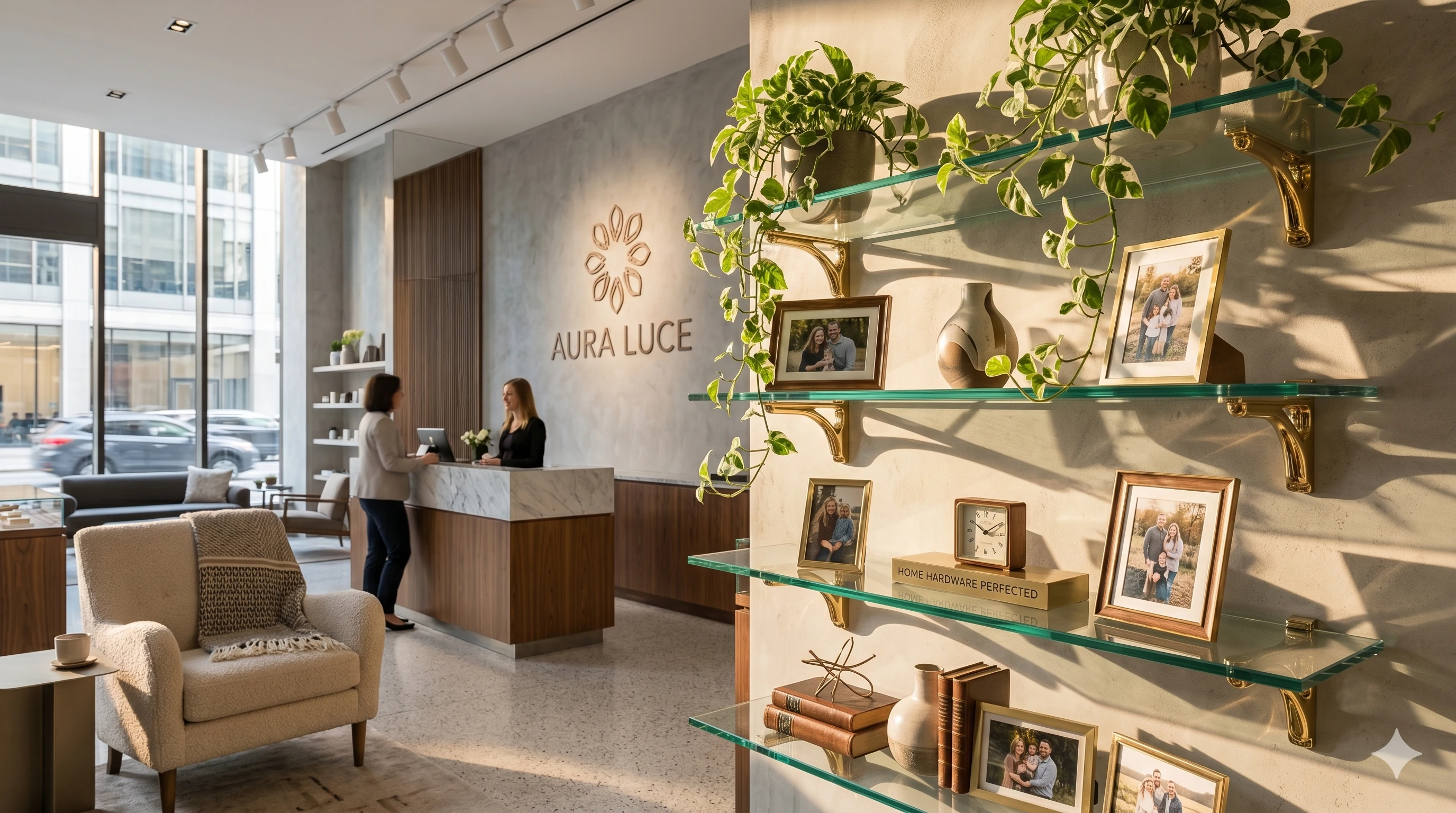 Modern reception area of Aura Luce with front desk, glass shelves, and seating