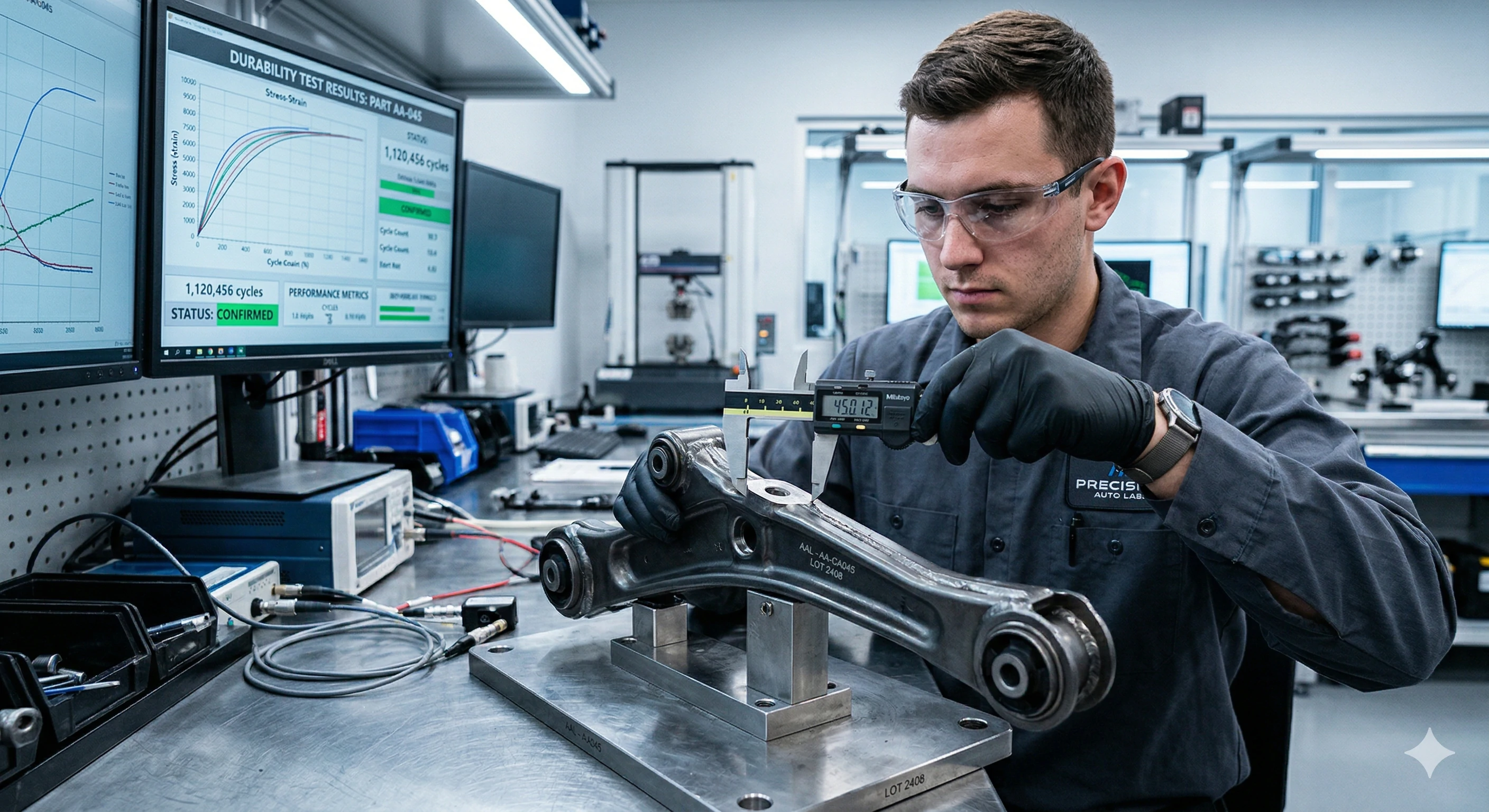 Technician measuring metal suspension part during laboratory durability testing