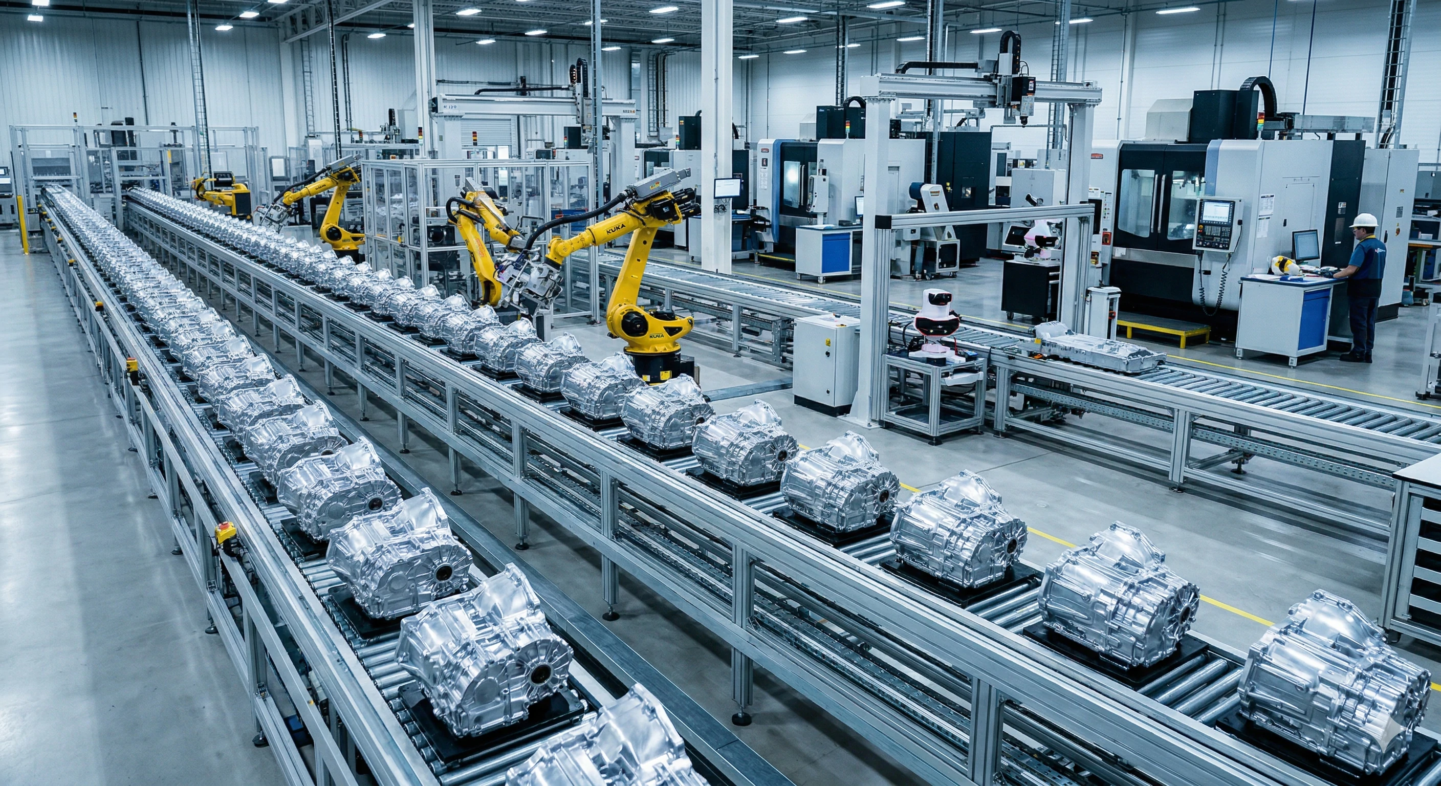 Automated robotic assembly line manufacturing metal automotive transmission components