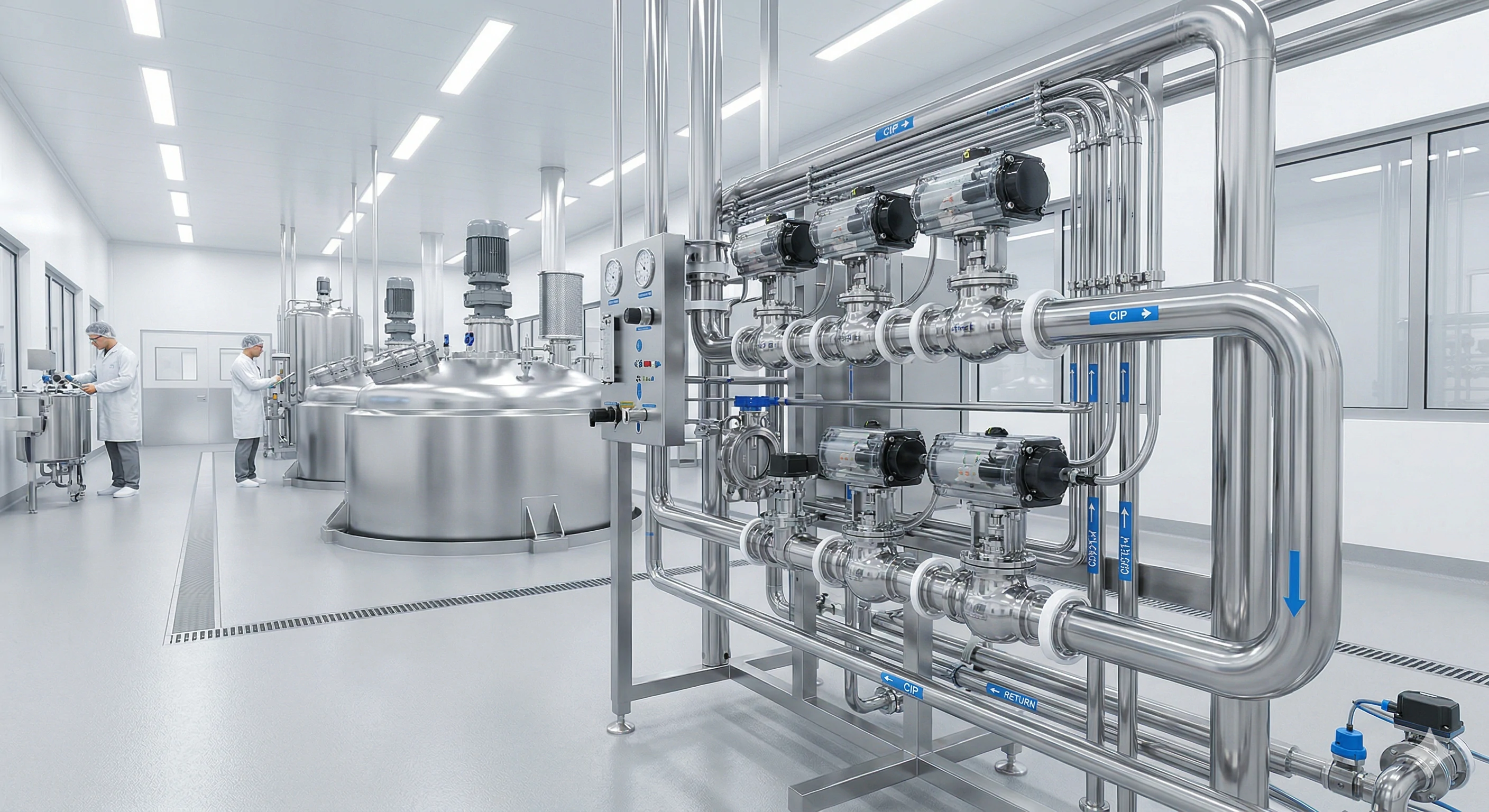 Cleanroom facility with stainless steel tanks and automated piping systems.