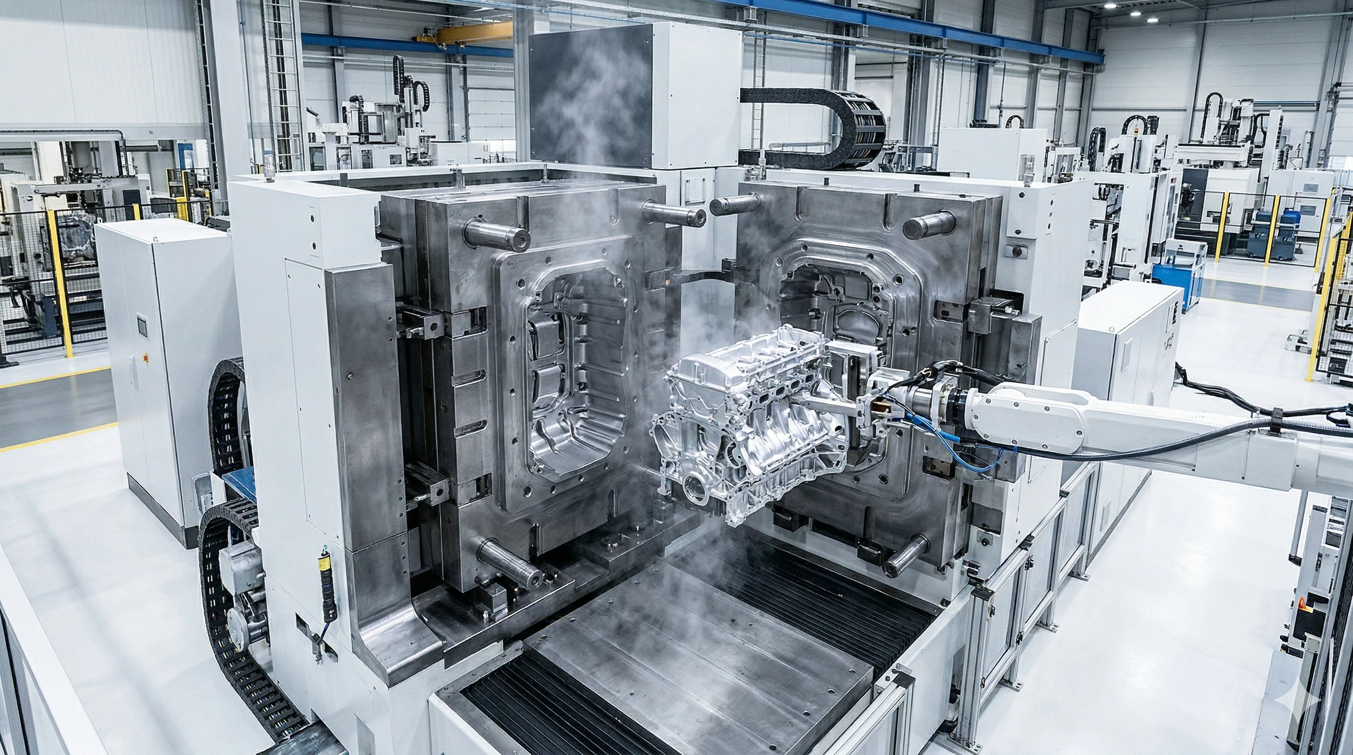 Robotic arm removing steaming engine block from mold.