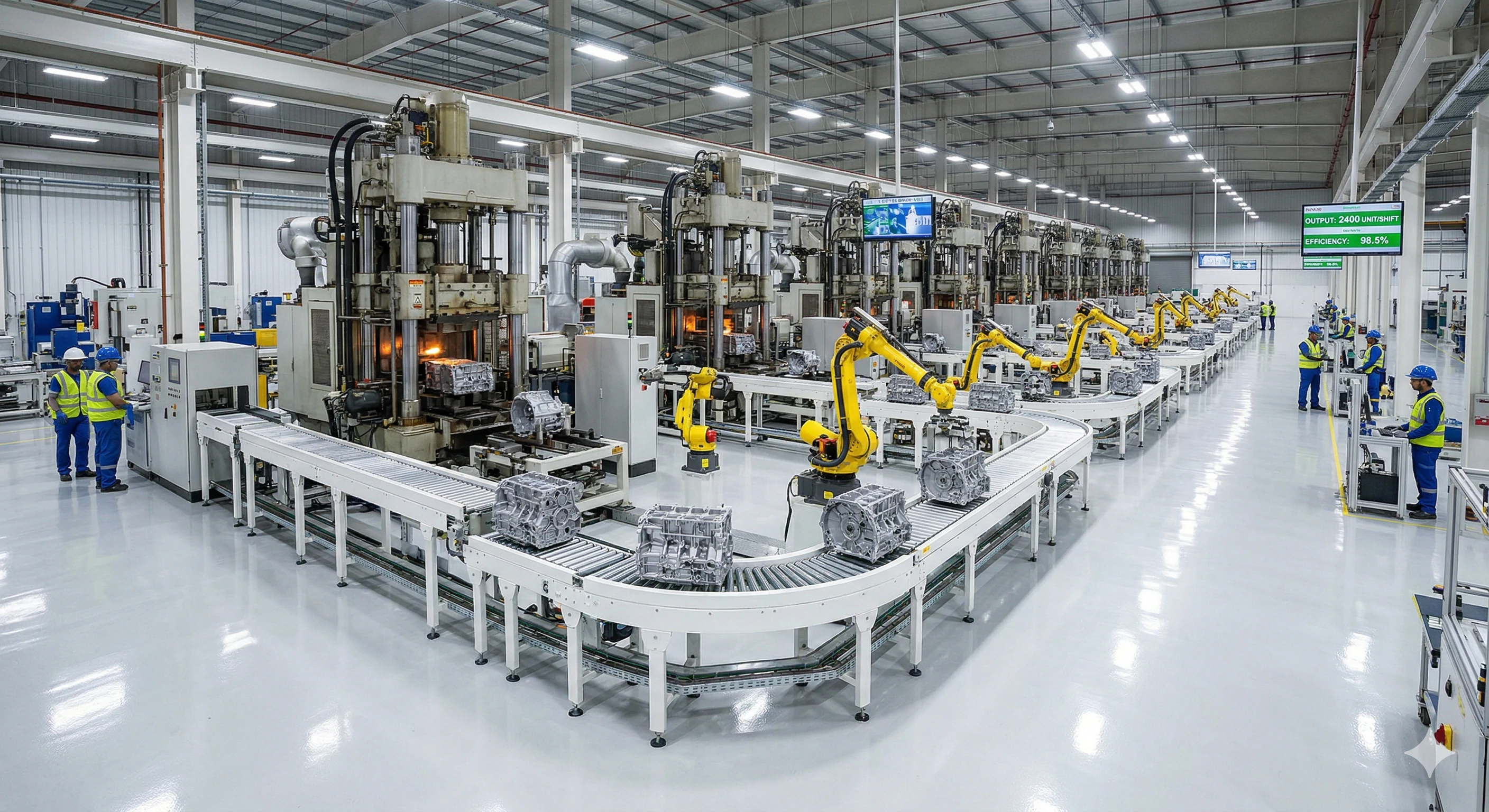 Une usine automobile moderne et automatisée, équipée de bras robotisés et de convoyeurs.