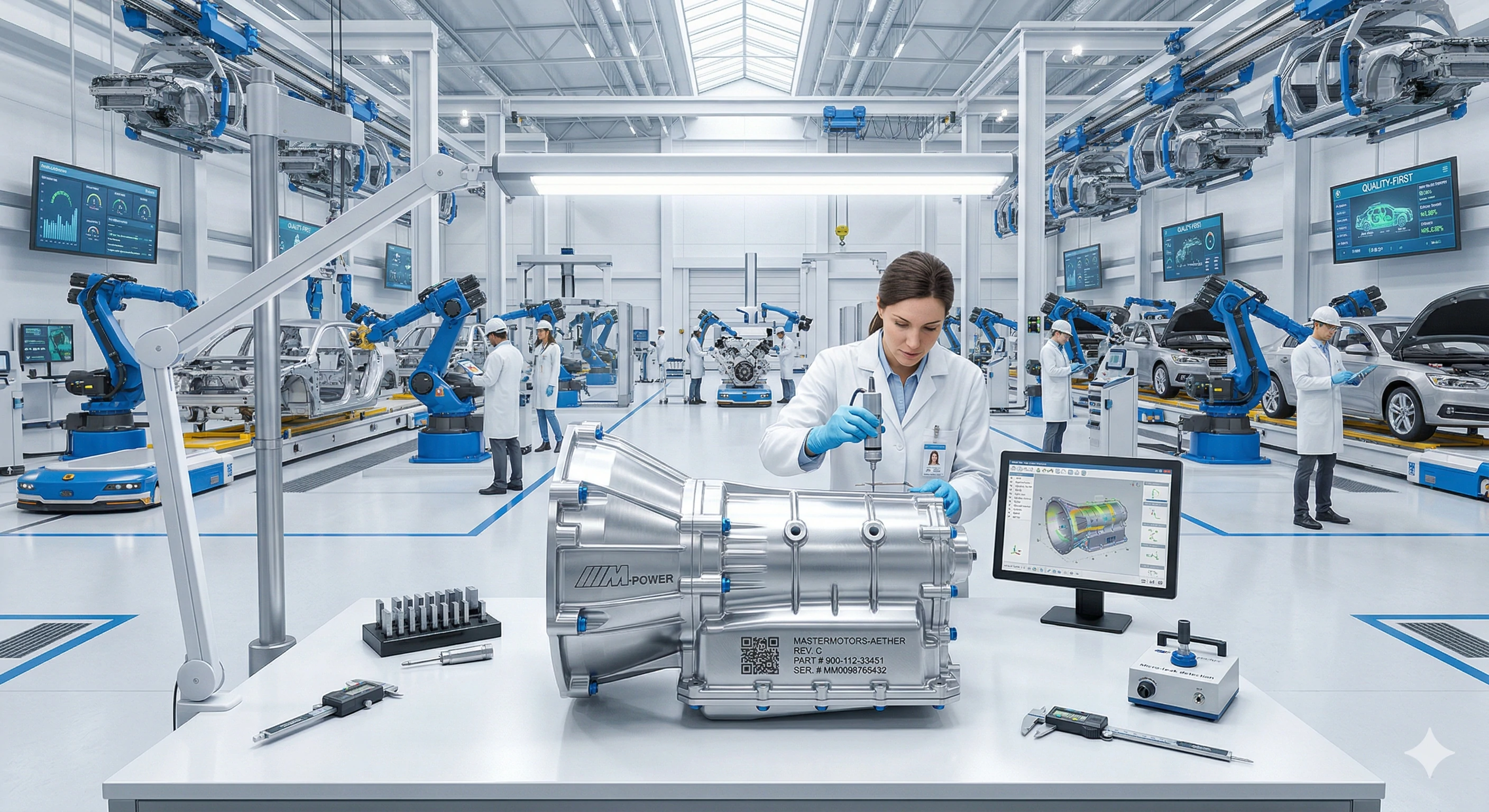 Female engineer inspecting car transmission in automated factory setting