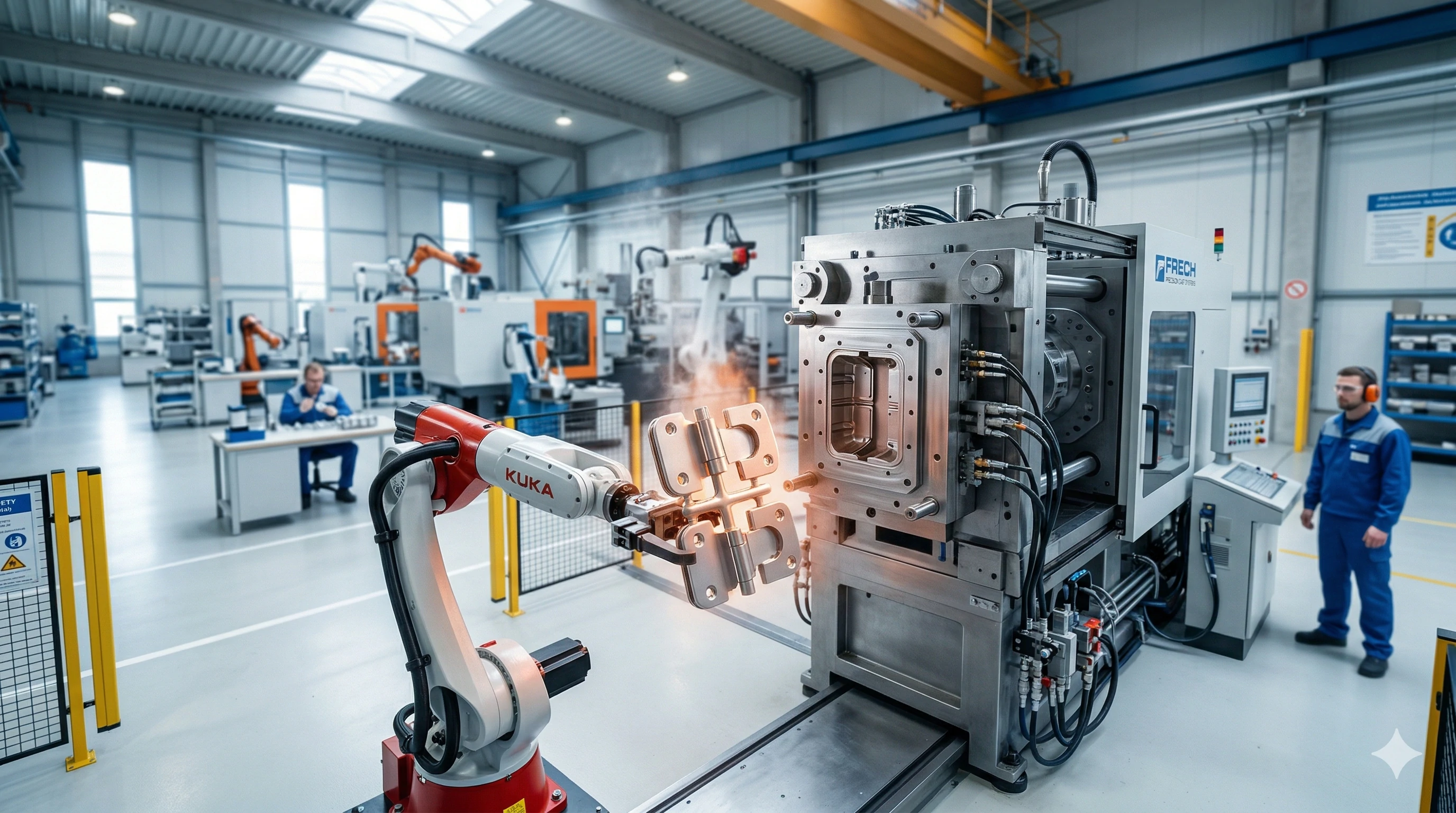 Robotic arm handling metal part in an industrial die casting facility.