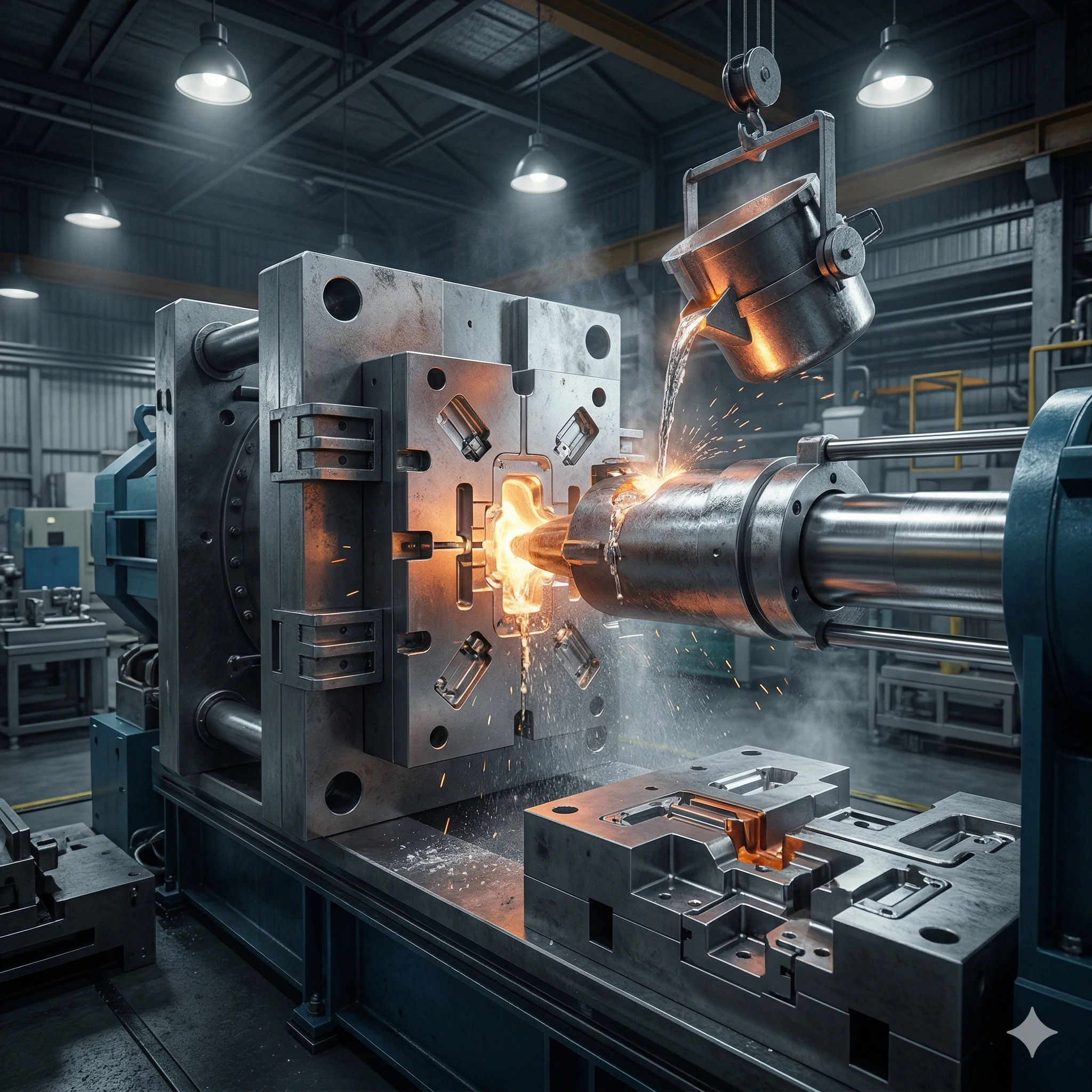 Molten metal pouring into heavy automated industrial die casting machine