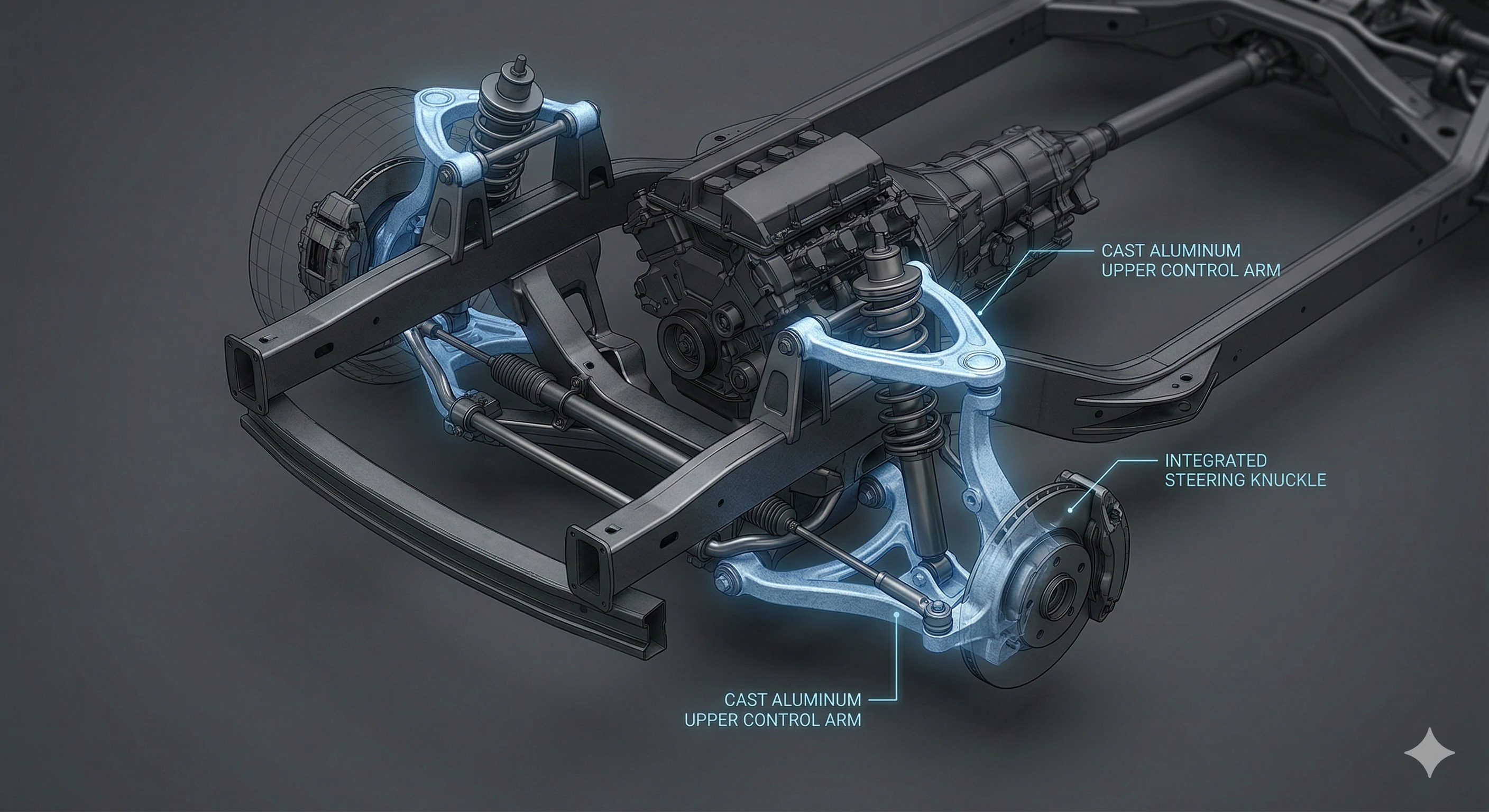 Automotive chassis with highlighted cast aluminum control arms.