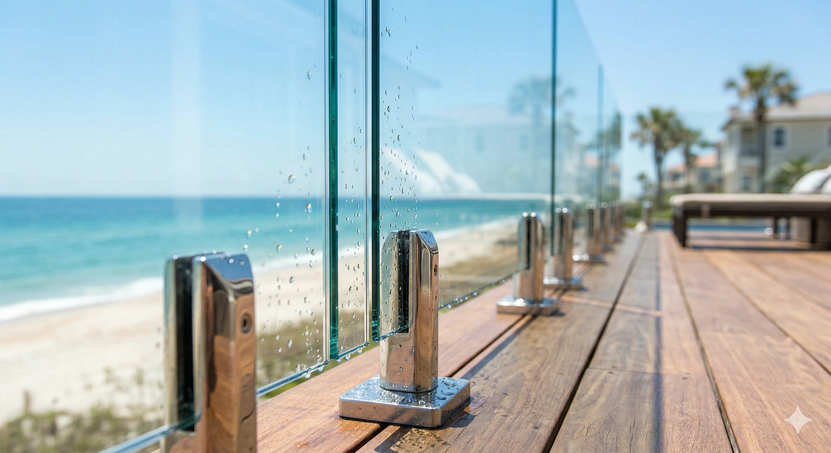 Stainless steel spigots holding frameless glass pool fencing on wooden beach deck.