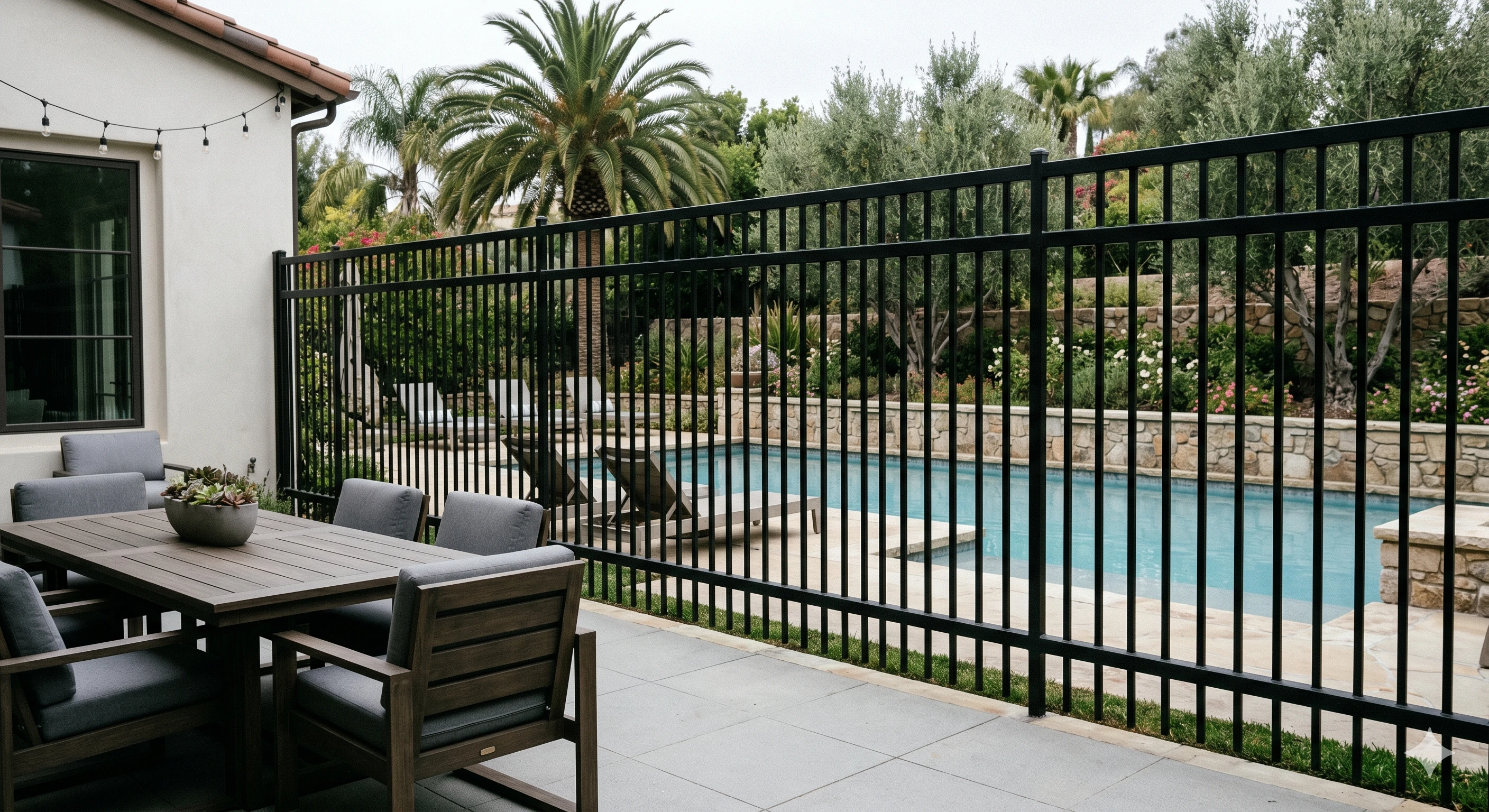 Black metal tubular pool fence securing a backyard swimming pool