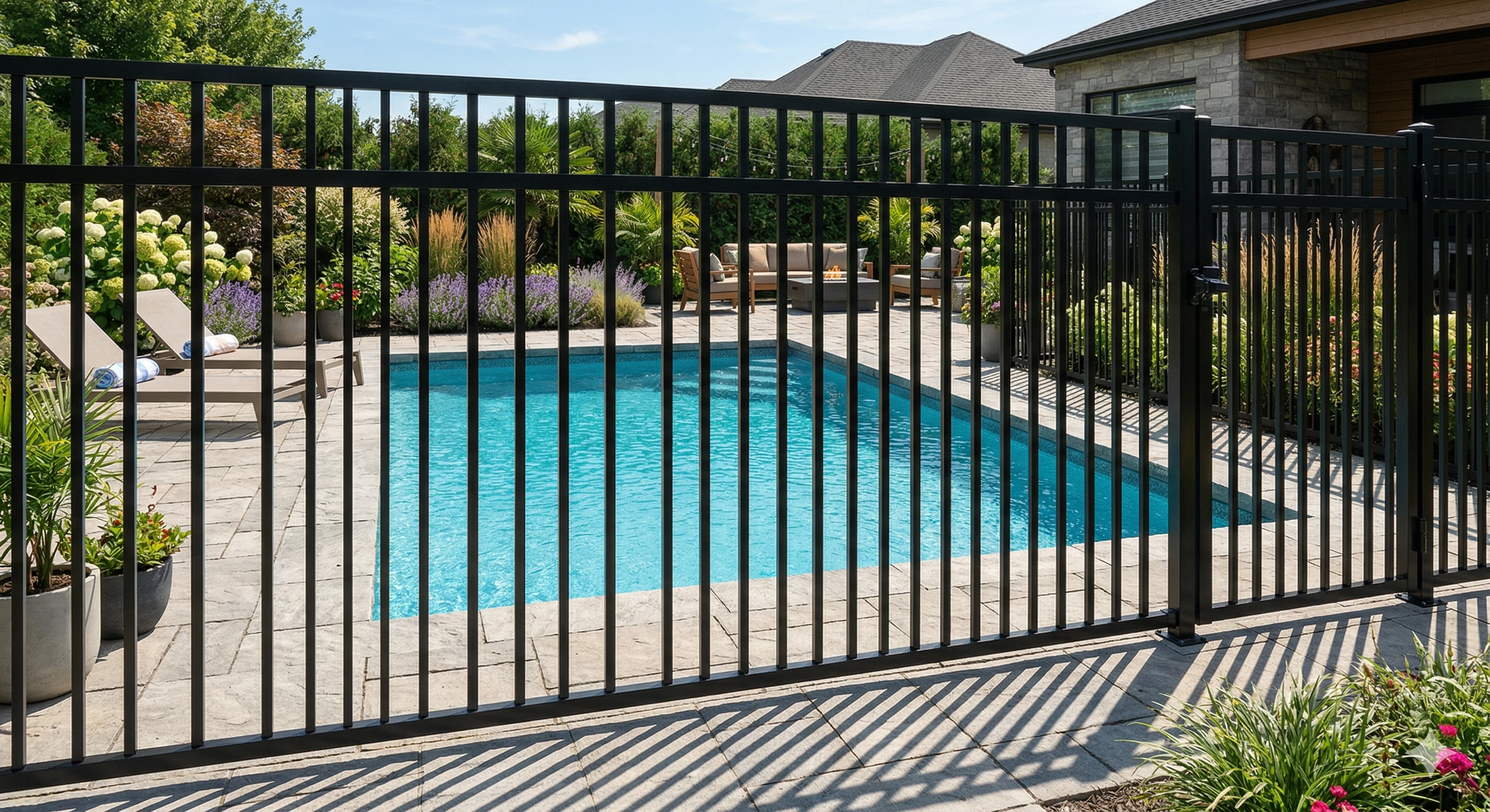 Black metal fence with vertical bars surrounding a backyard swimming pool