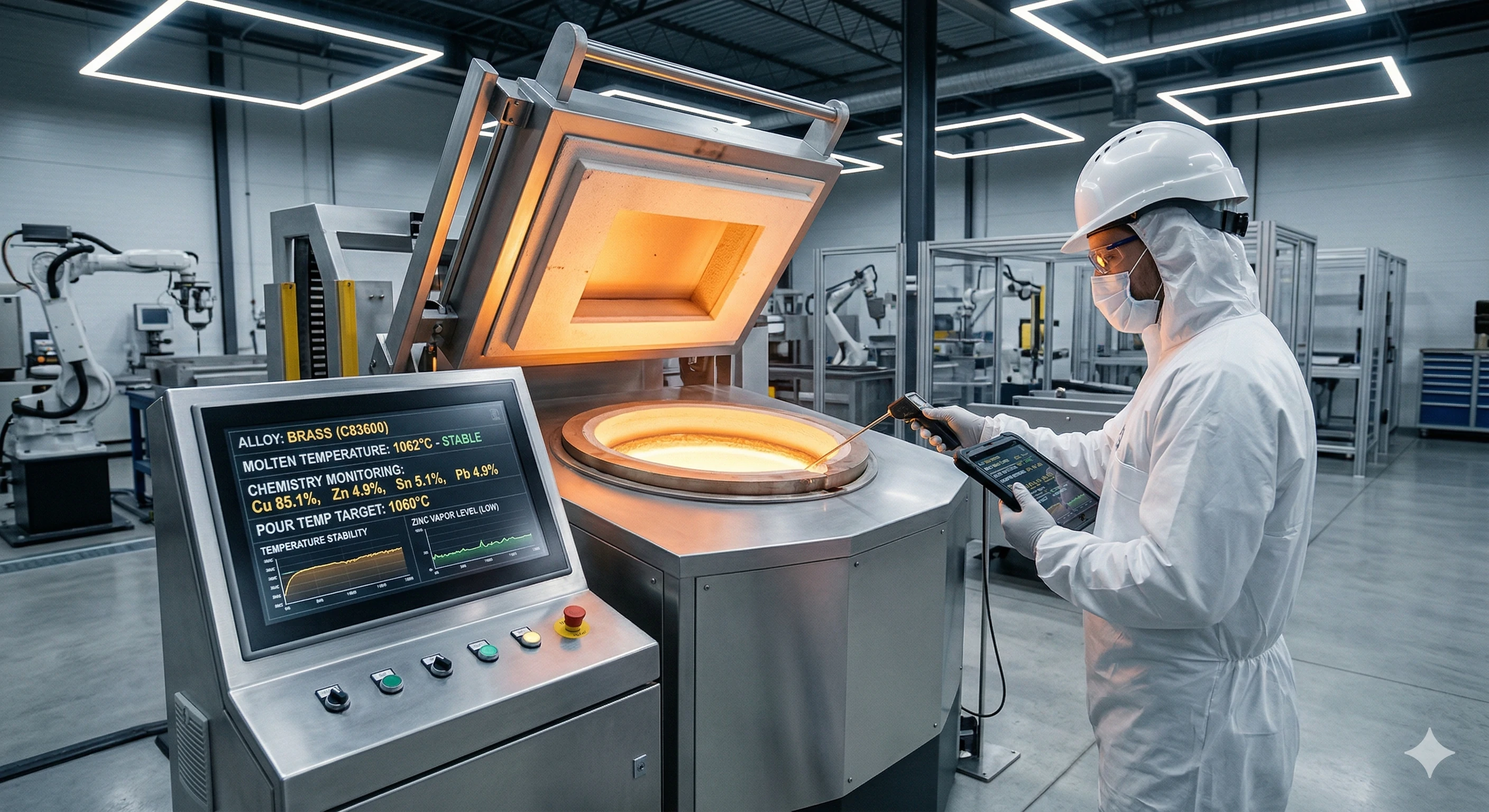 Worker operating industrial brass melting furnace in manufacturing facility