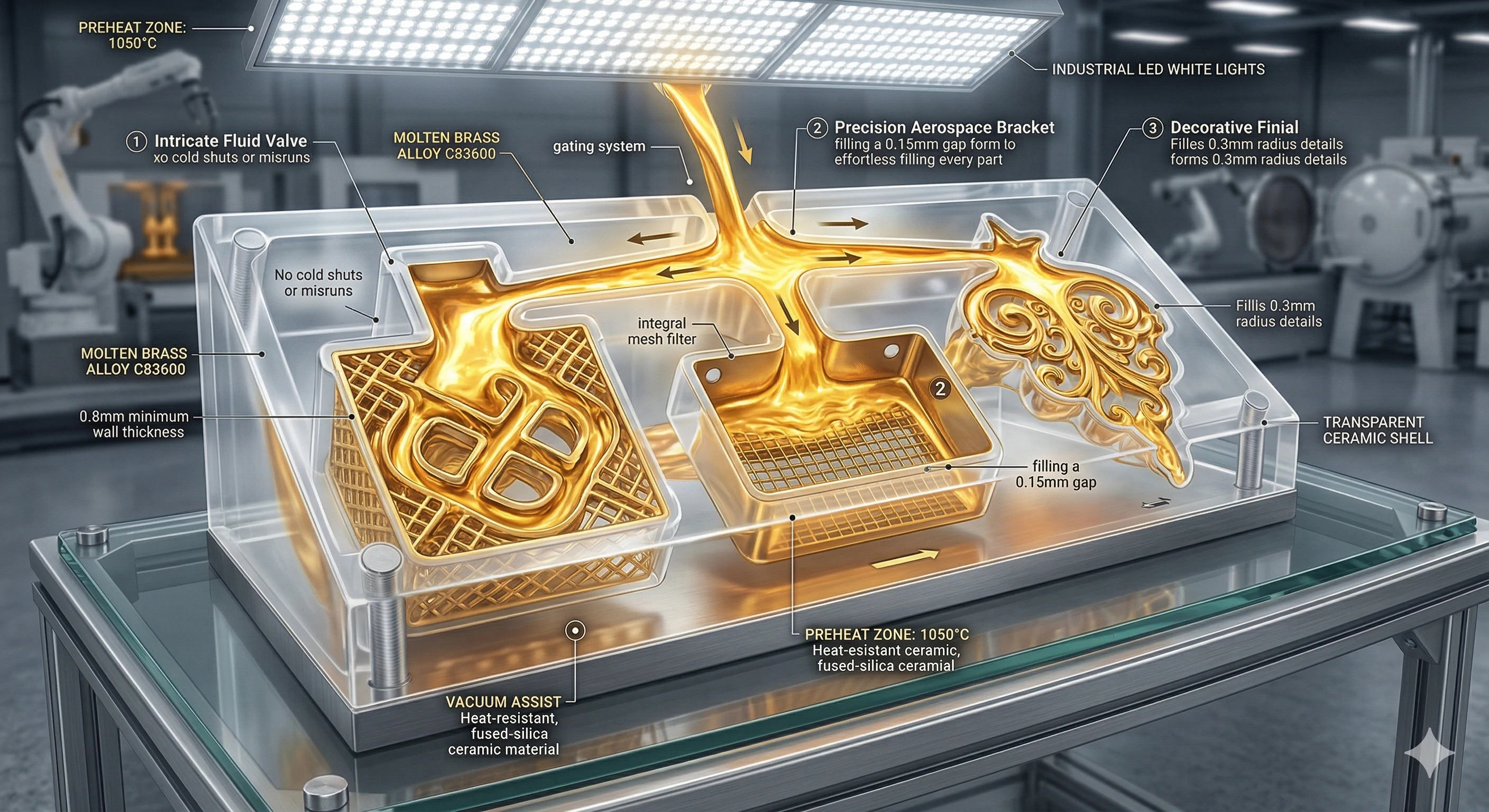 Diagram of molten brass filling a ceramic shell mold for aerospace parts
