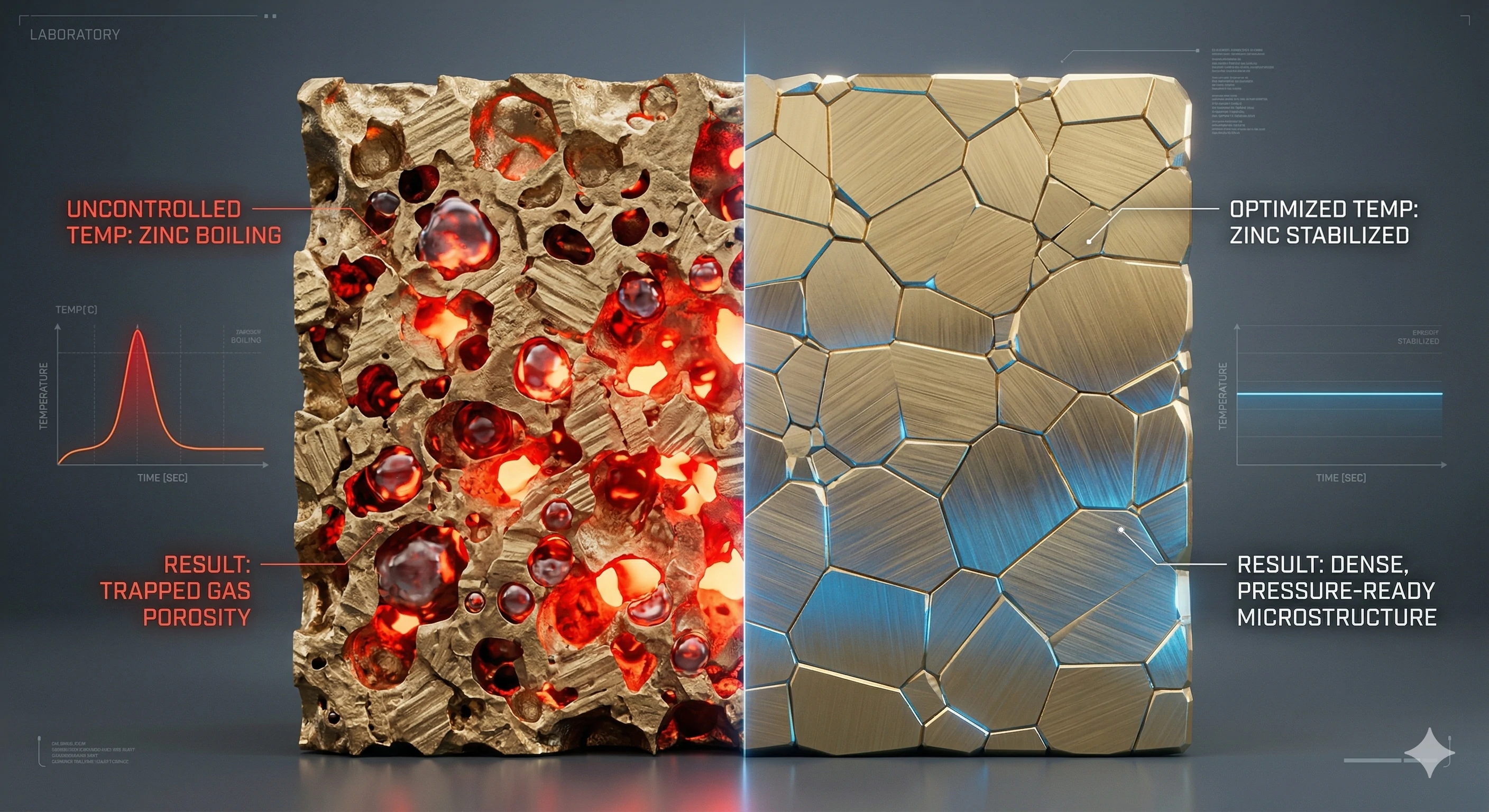 Microstructure comparison of porous brass versus optimized dense pressure-ready brass