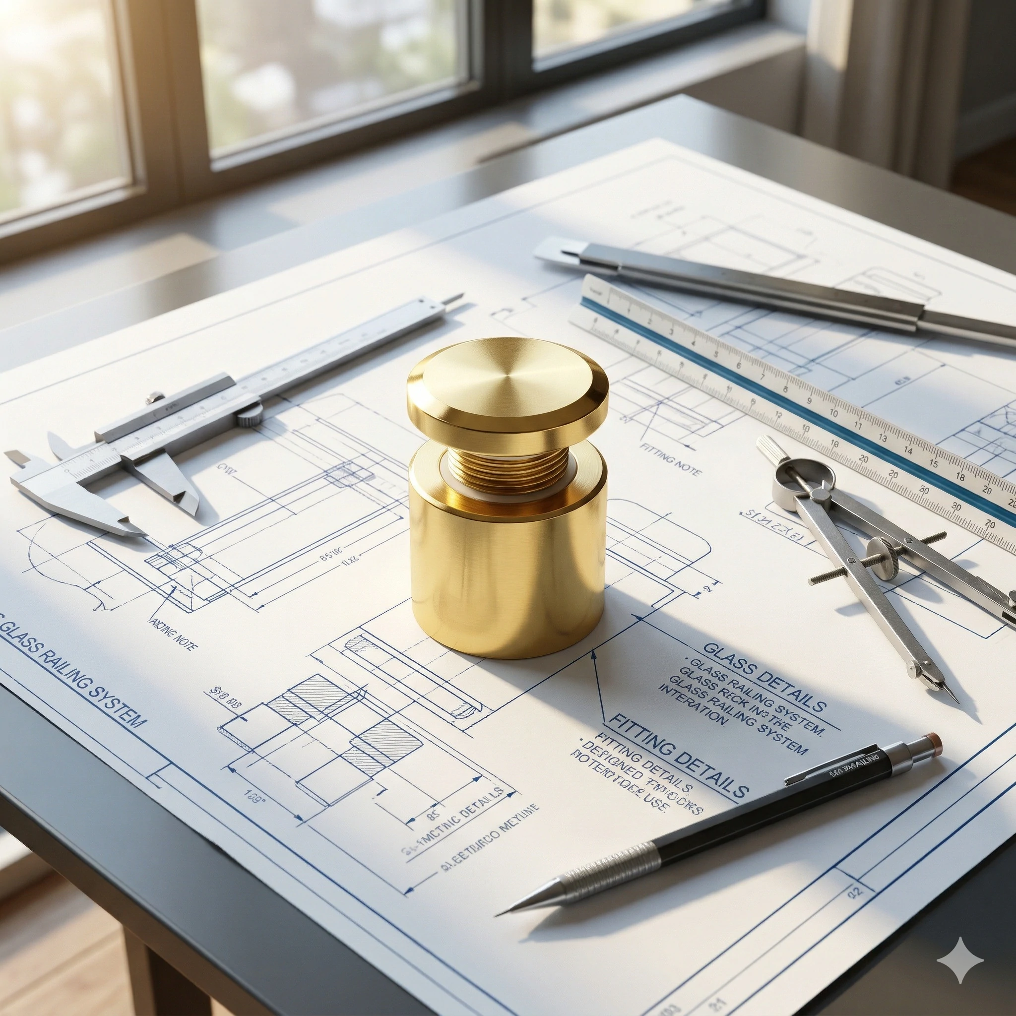 Brass glass railing fitting on blueprints with drafting tools