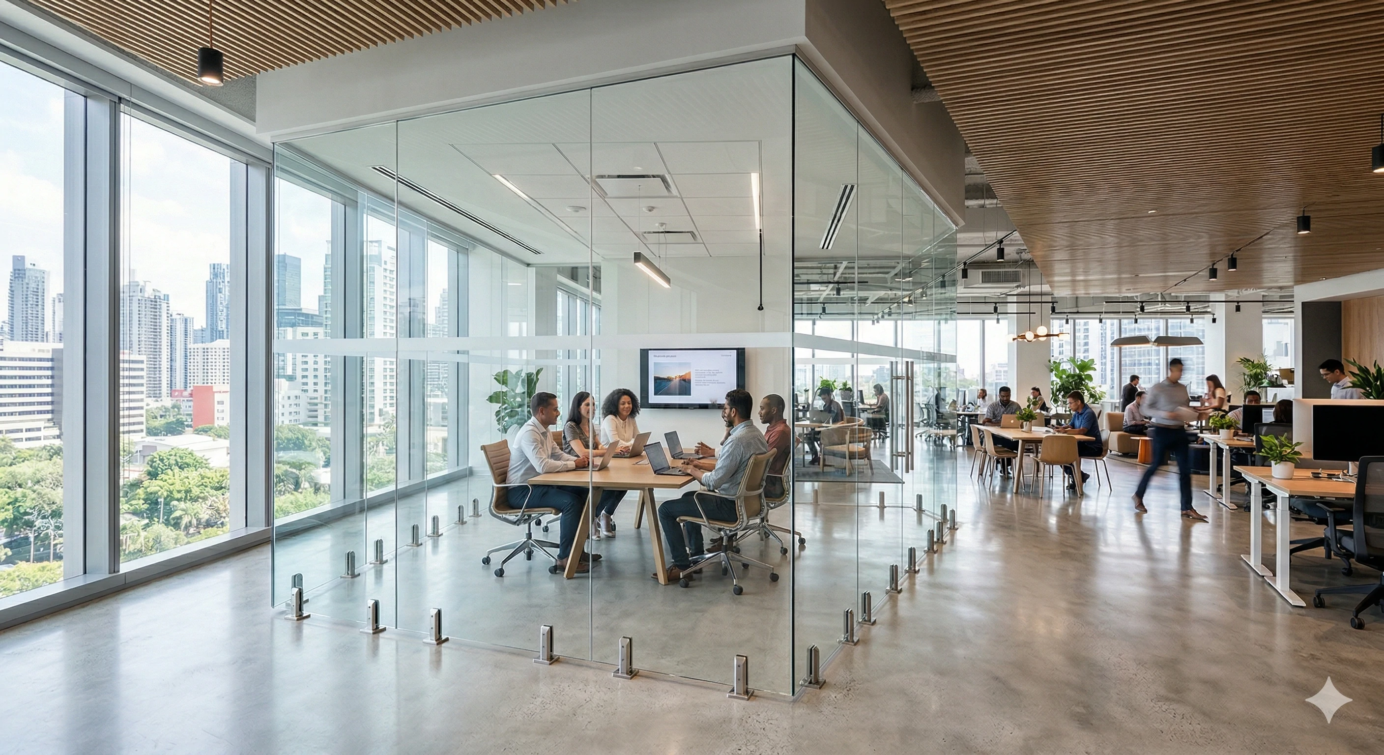 Bright open office featuring modern glass walled conference room