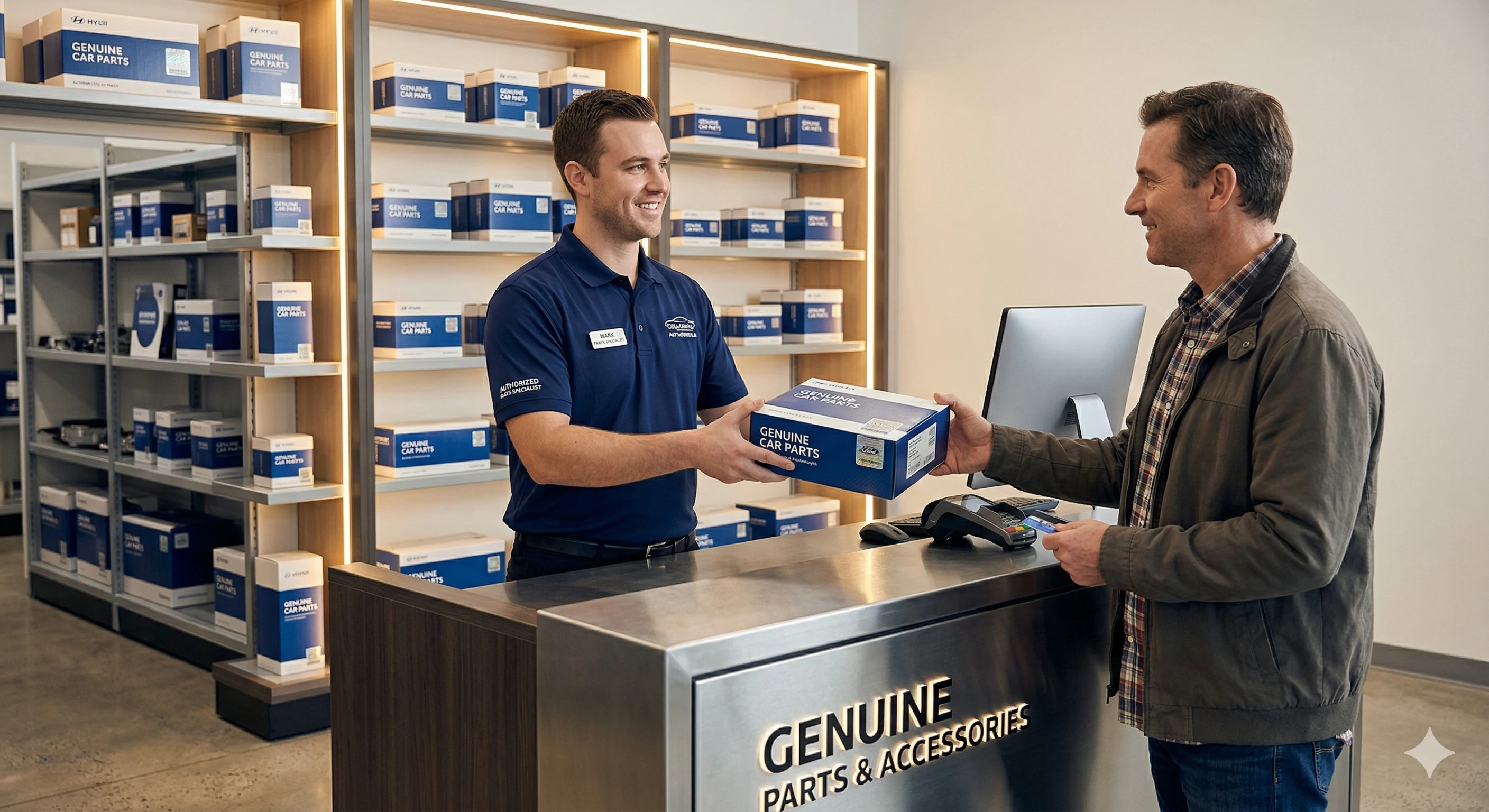 Parts store employee handing genuine car parts box to customer