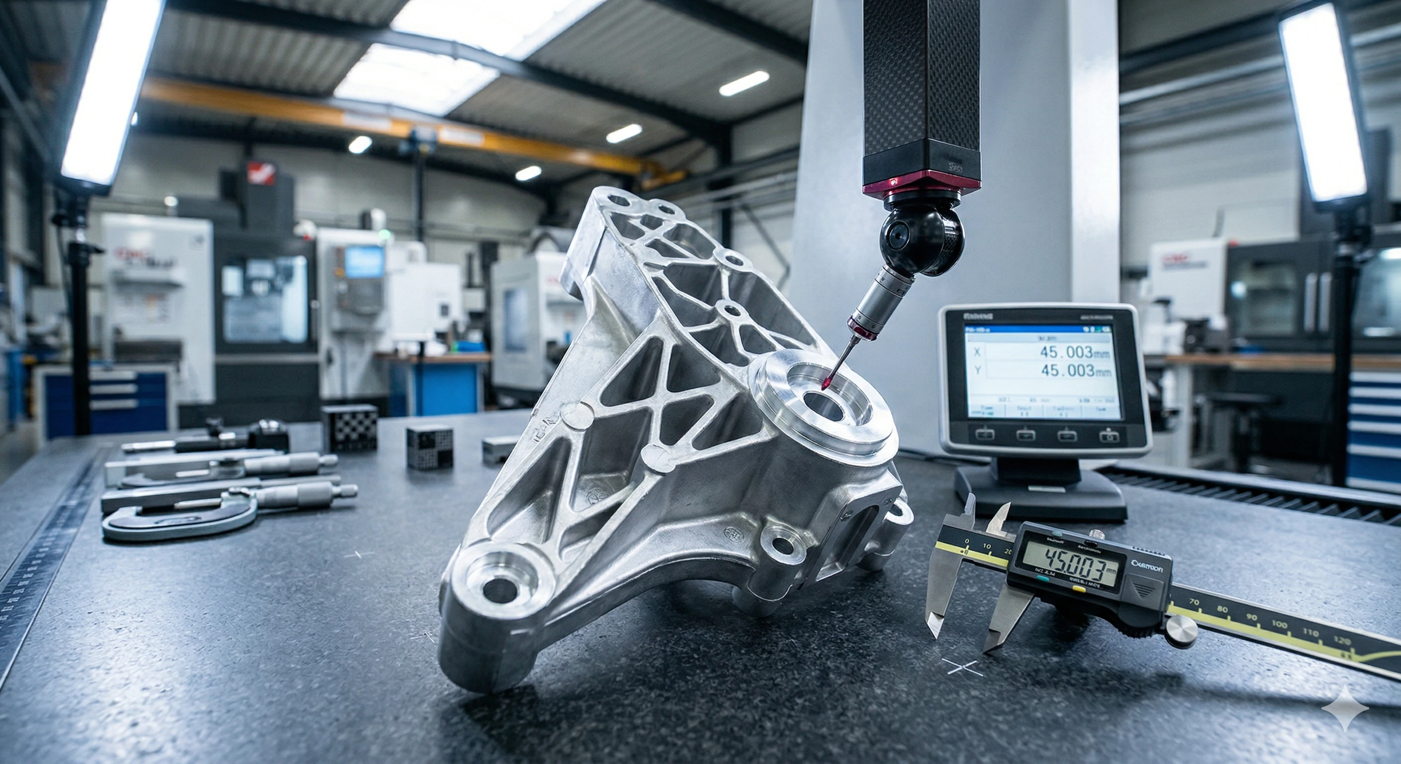 Machine à mesurer tridimensionnelle inspectant une pièce métallique usinée