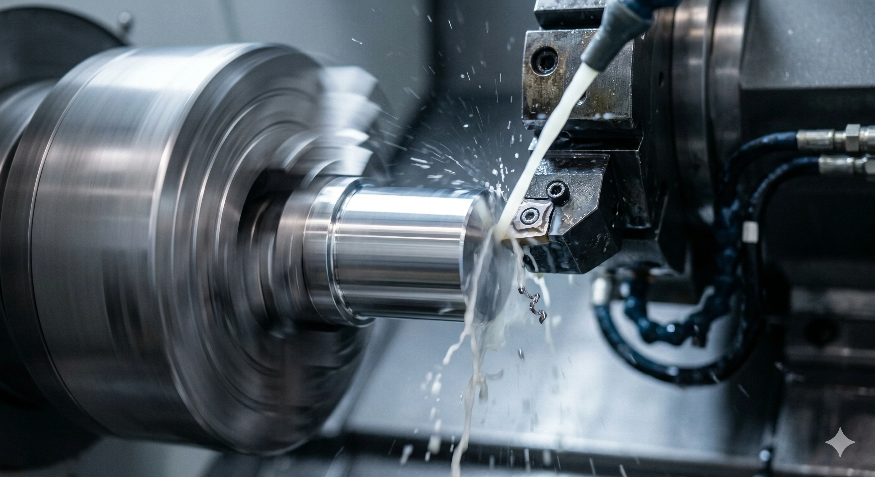 CNC lathe turning cylindrical metal part with coolant spray