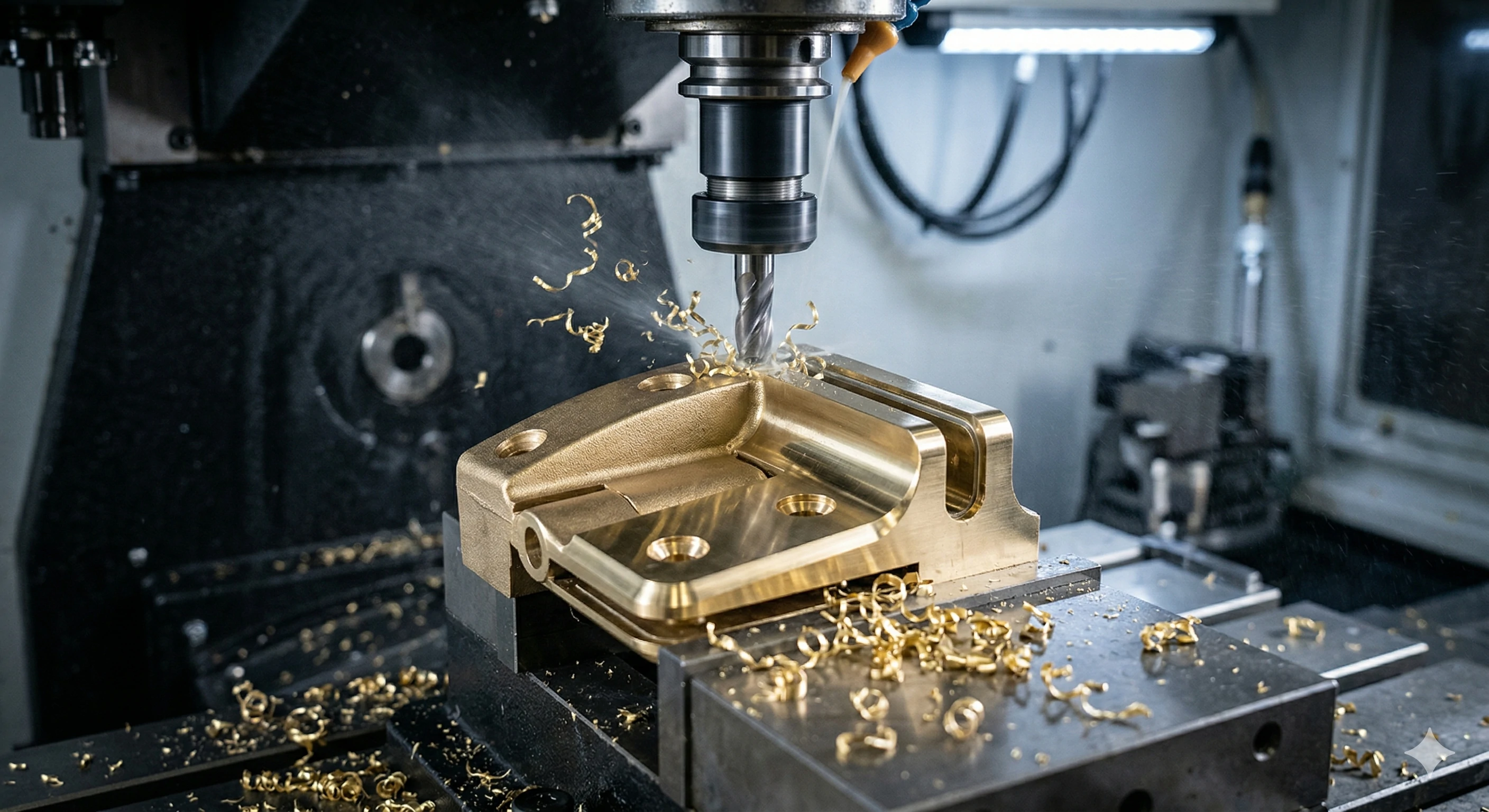 CNC machine milling a custom solid brass part with flying metal shavings