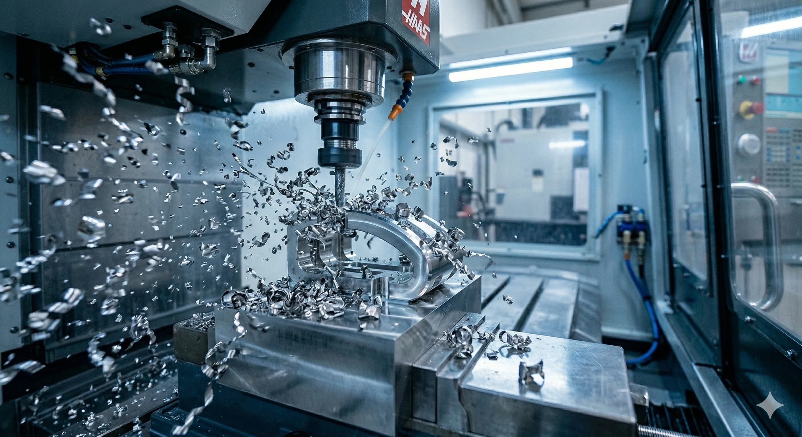 CNC milling machine cutting metal part with flying chips