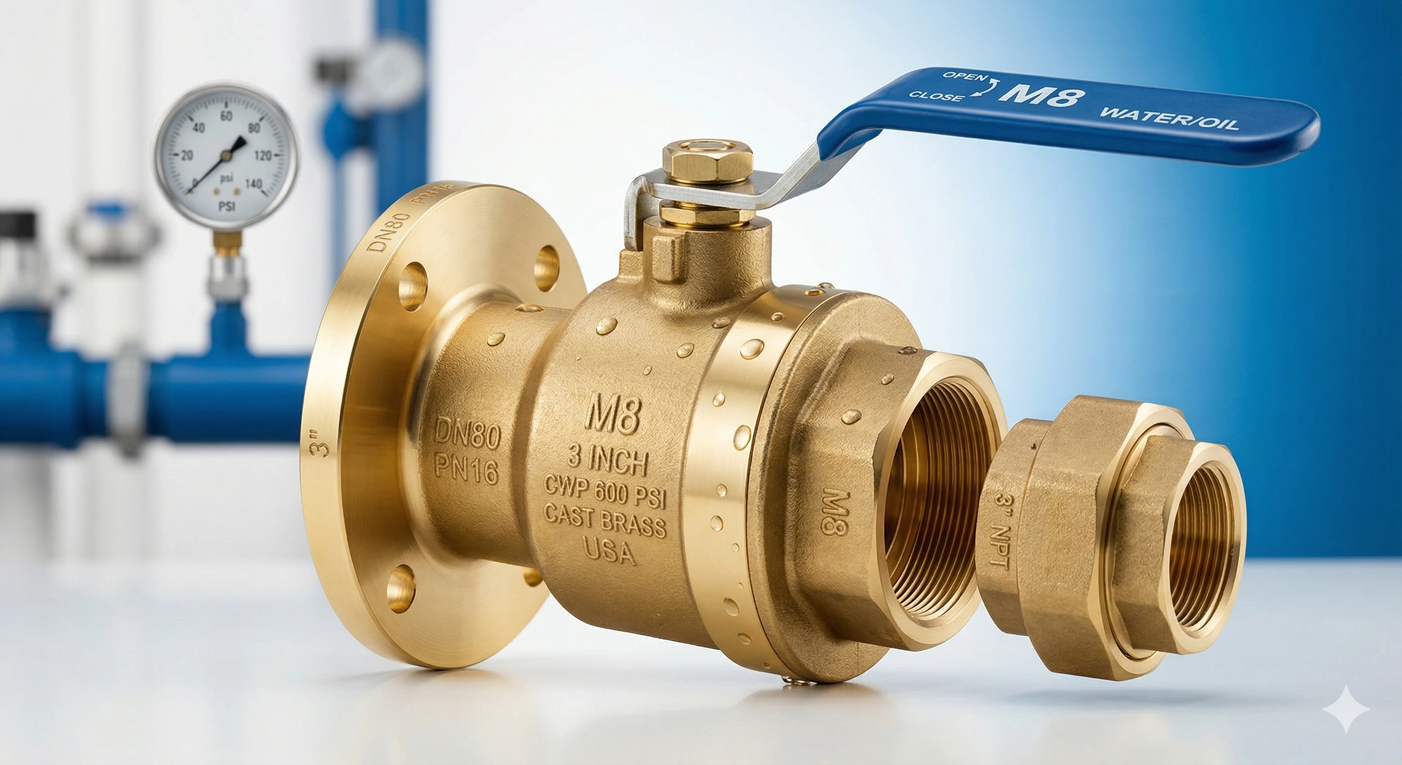 Heavy duty cast brass ball valve with blue handle