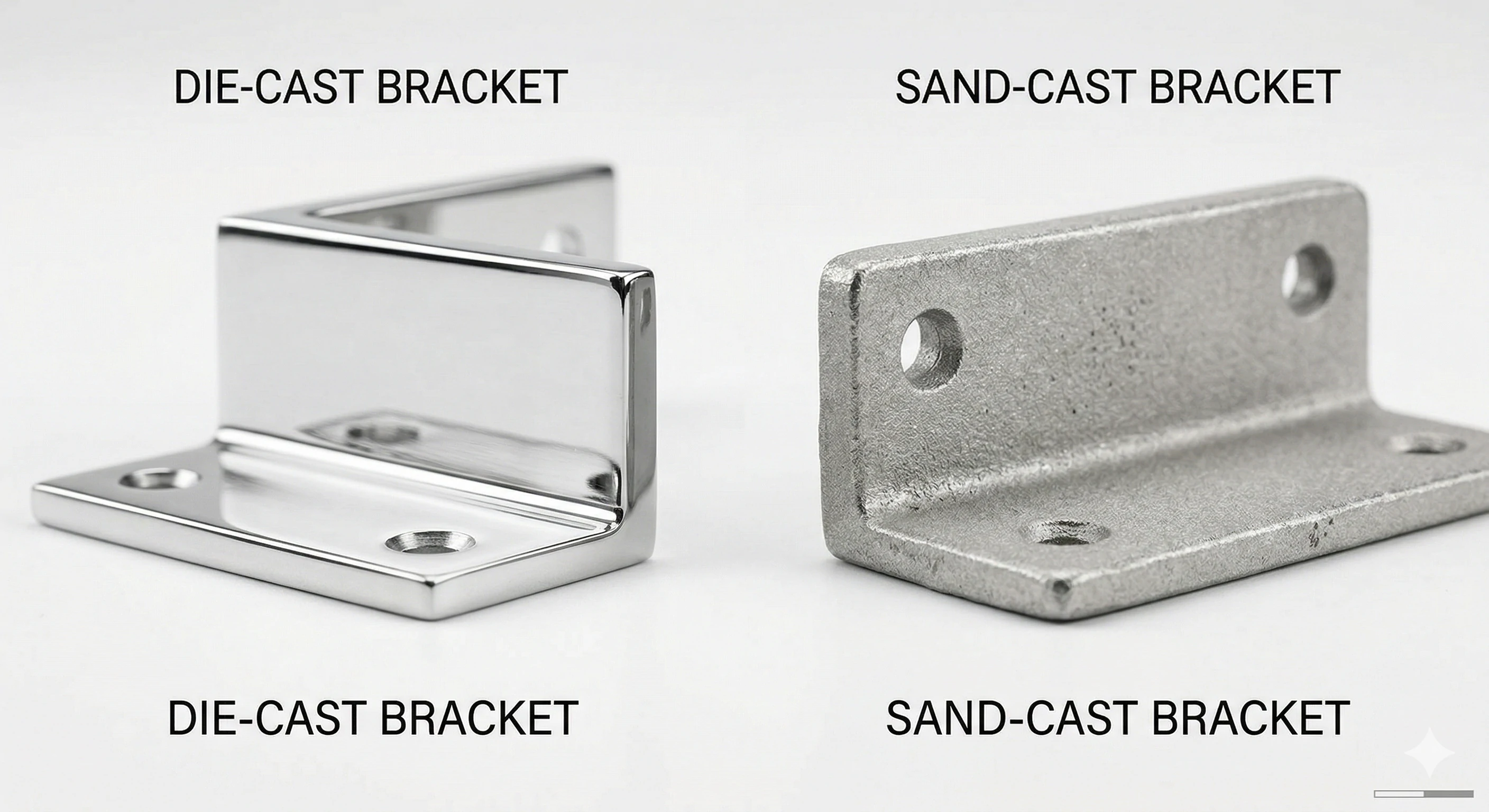 Comparison of shiny die-cast and rough sand-cast metal brackets