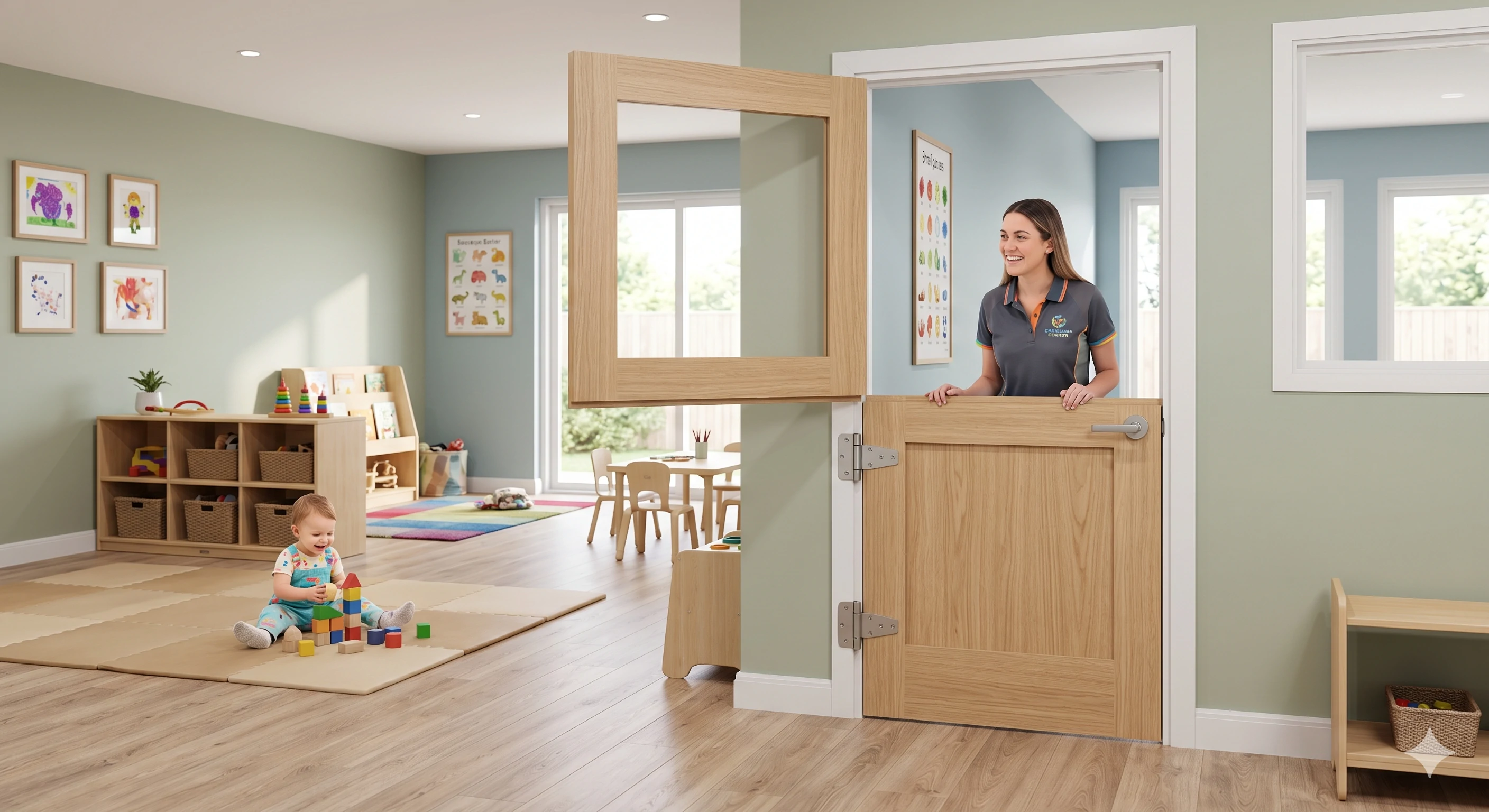 Teacher watching baby play through open wooden Dutch door in childcare room