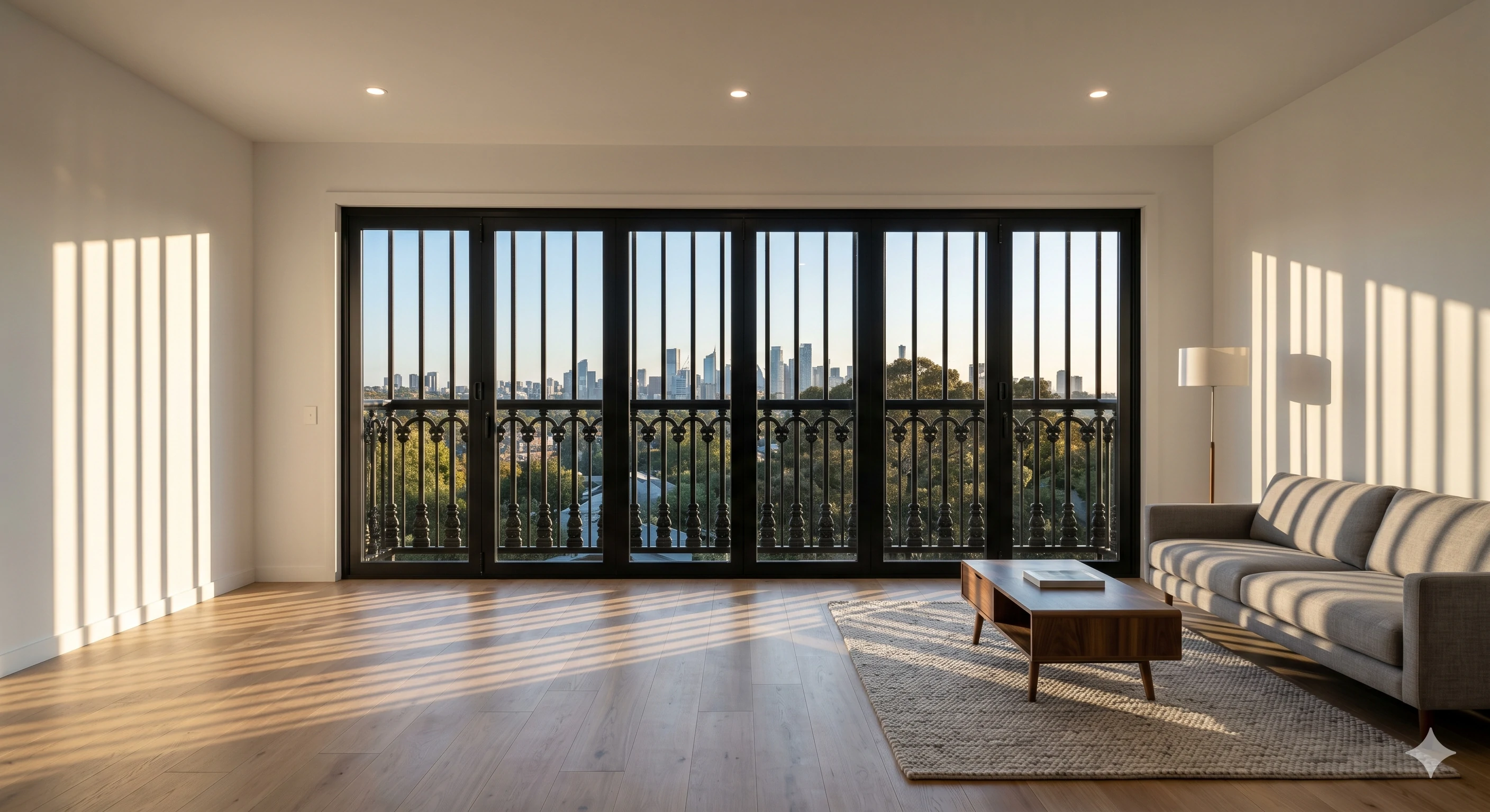 Living room with black framed doors and iron balcony railings facing city