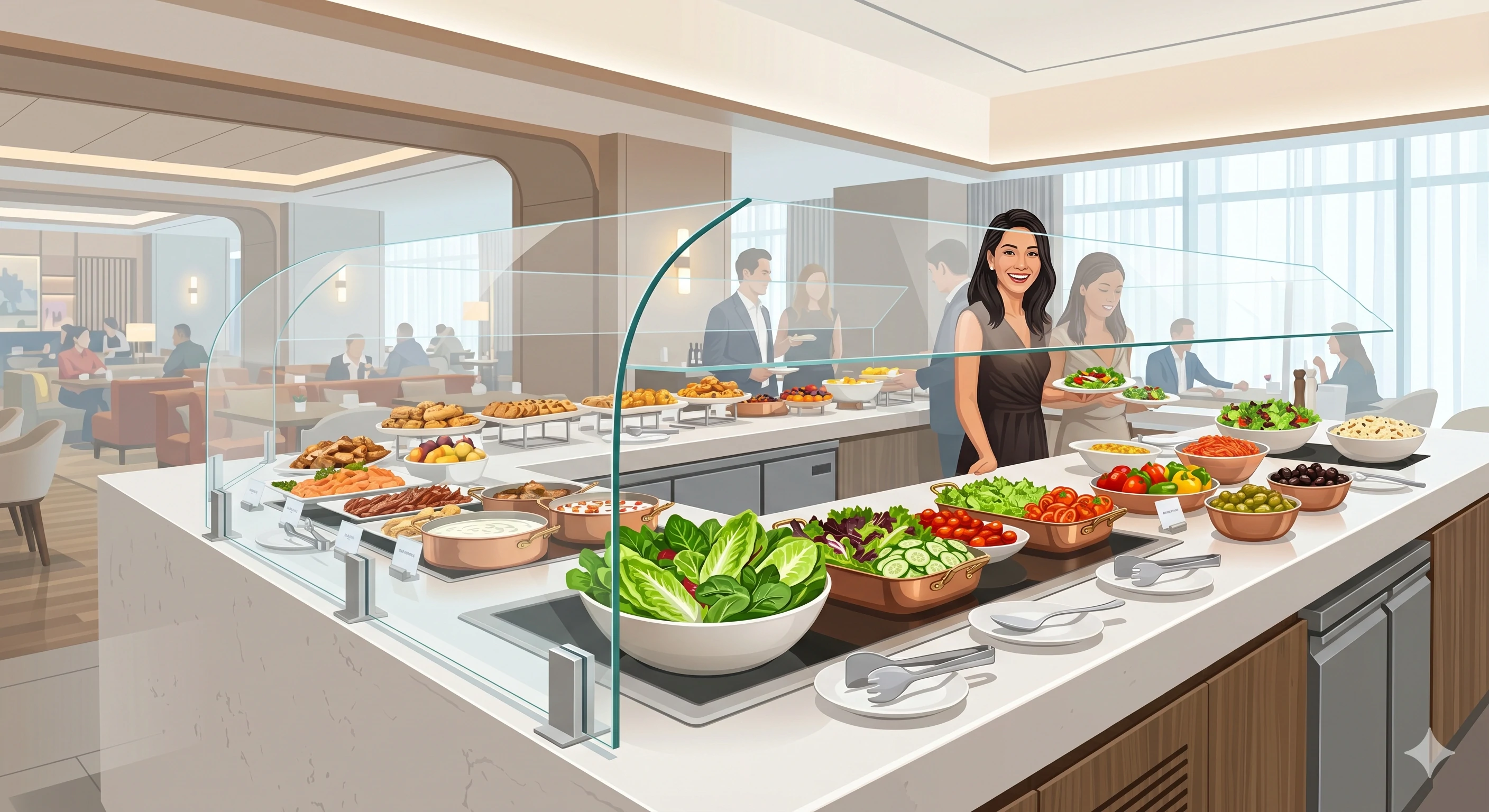 Illustration of a clean and colorful breakfast buffet with a woman smiling