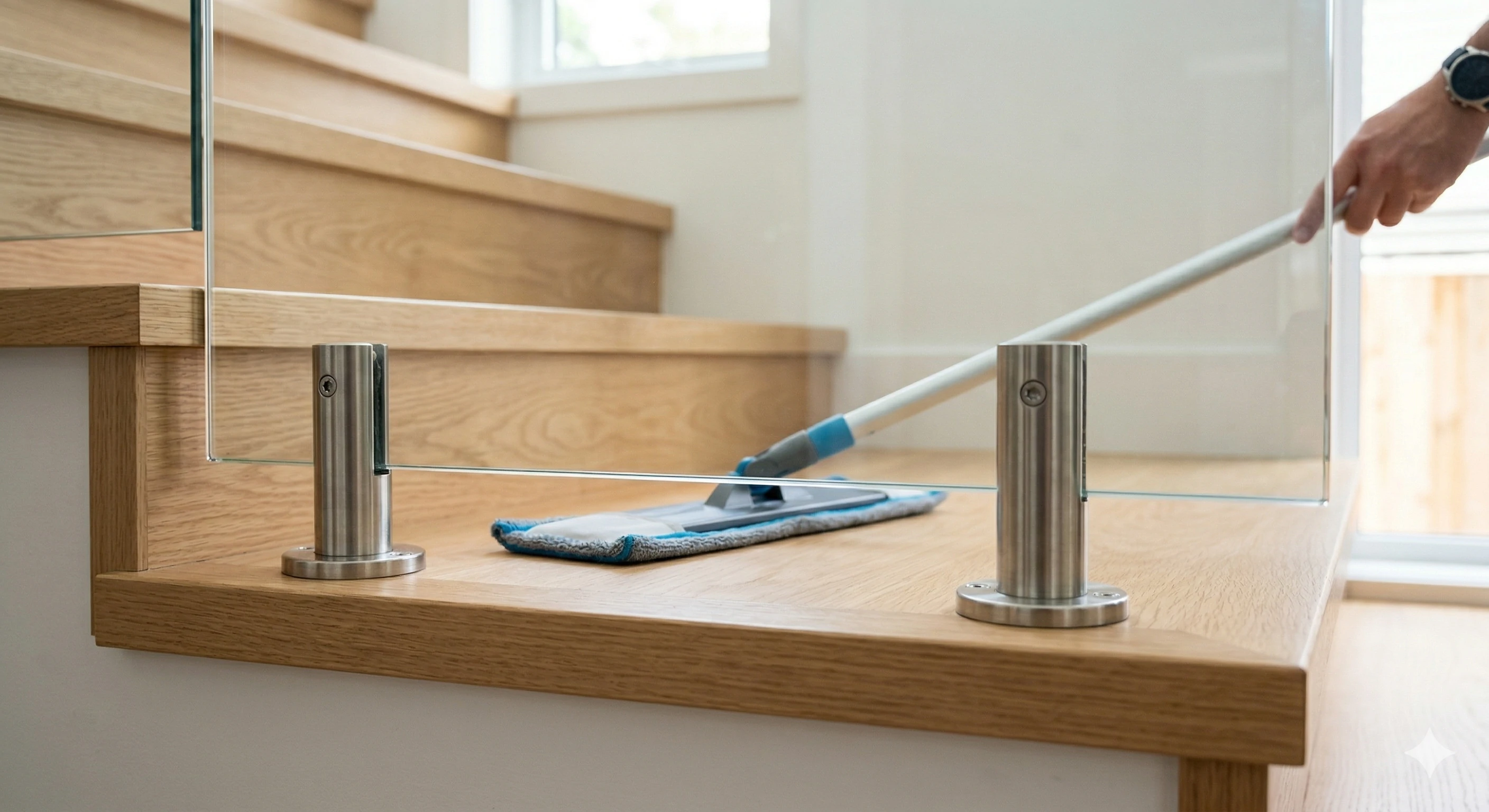 Person cleaning wooden stair treads and glass railing with a mop.