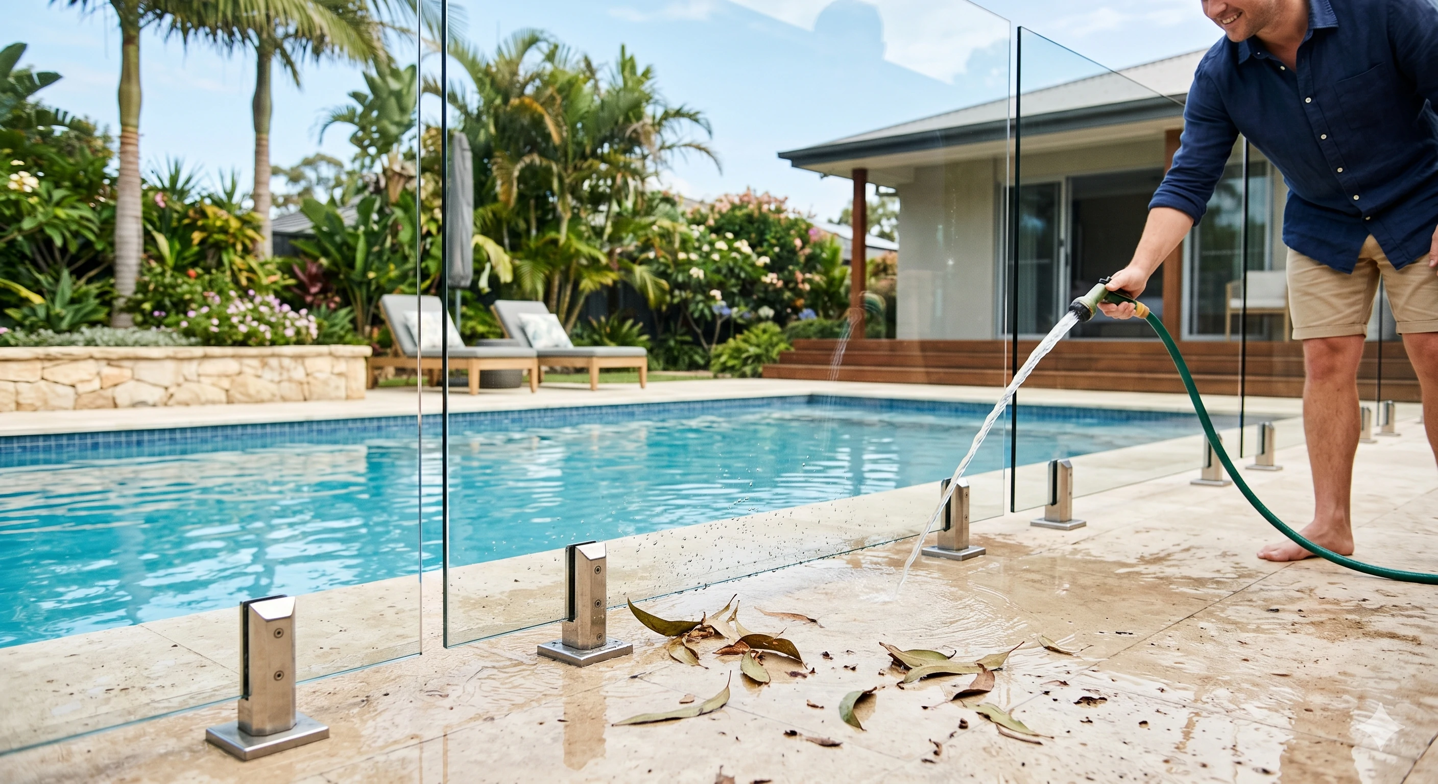 Man washing frameless glass pool fence with a water hose on patio.
