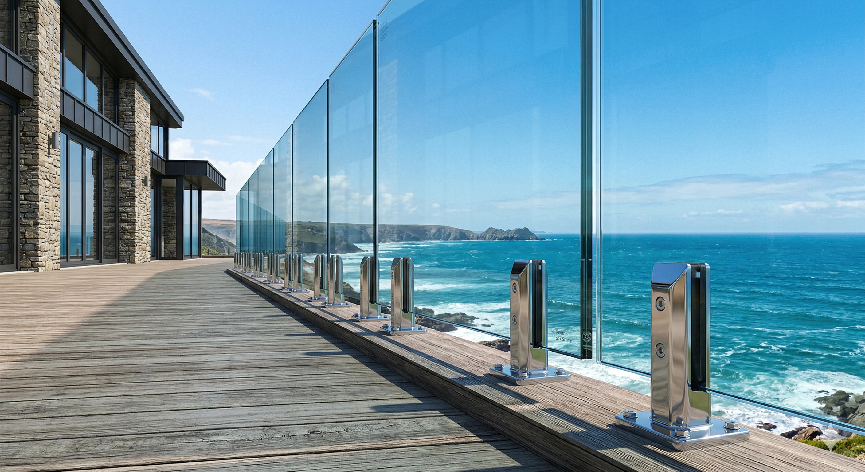 Coastal deck with frameless glass balustrade and steel spigots