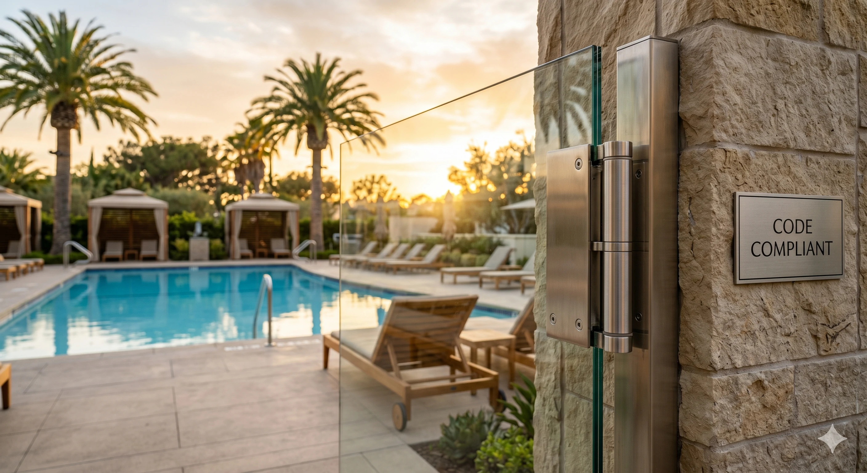 Code compliant stainless steel glass pool fence hinge near pool.