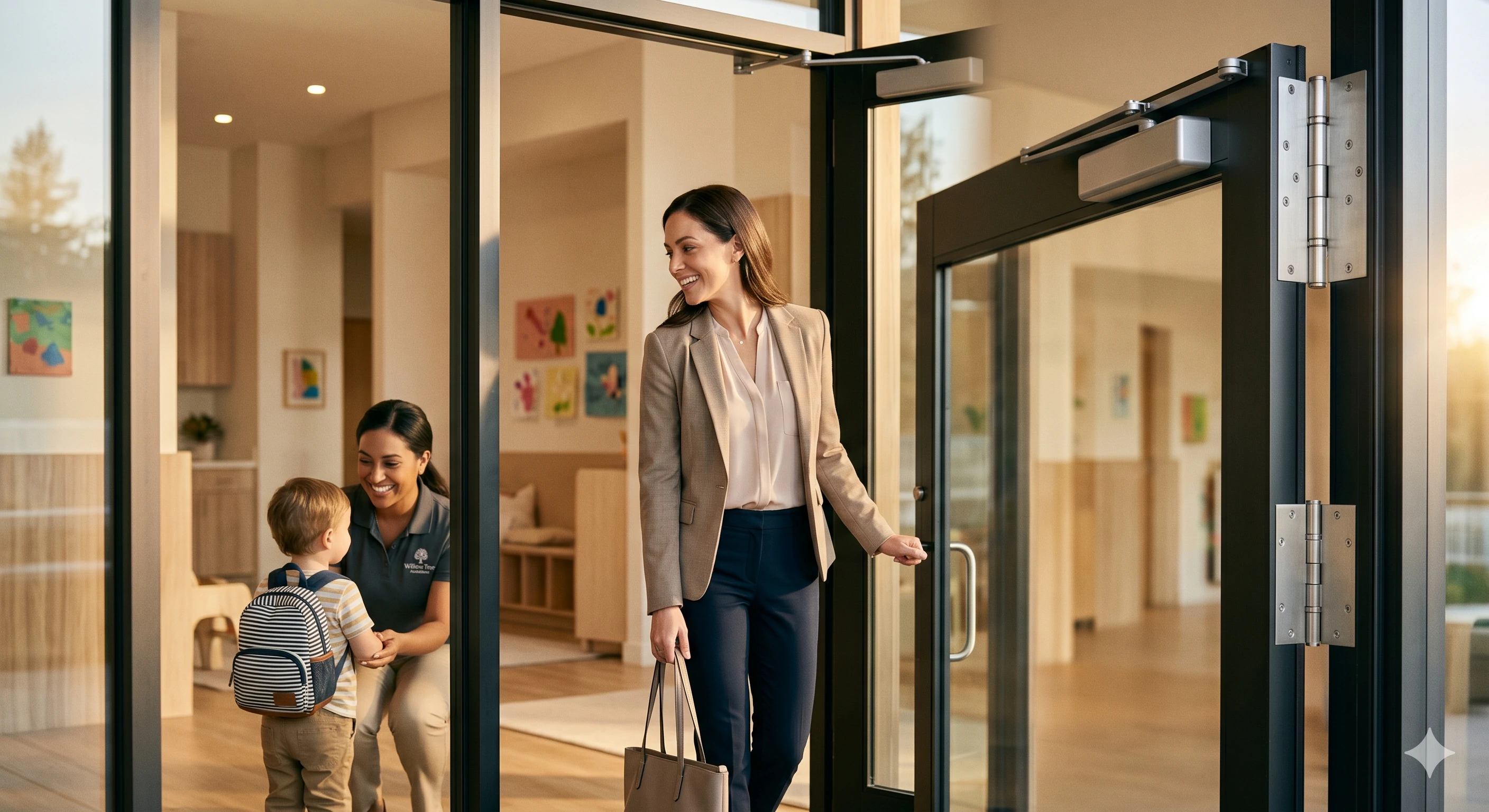 Mother and child entering childcare center through heavy duty commercial glass door