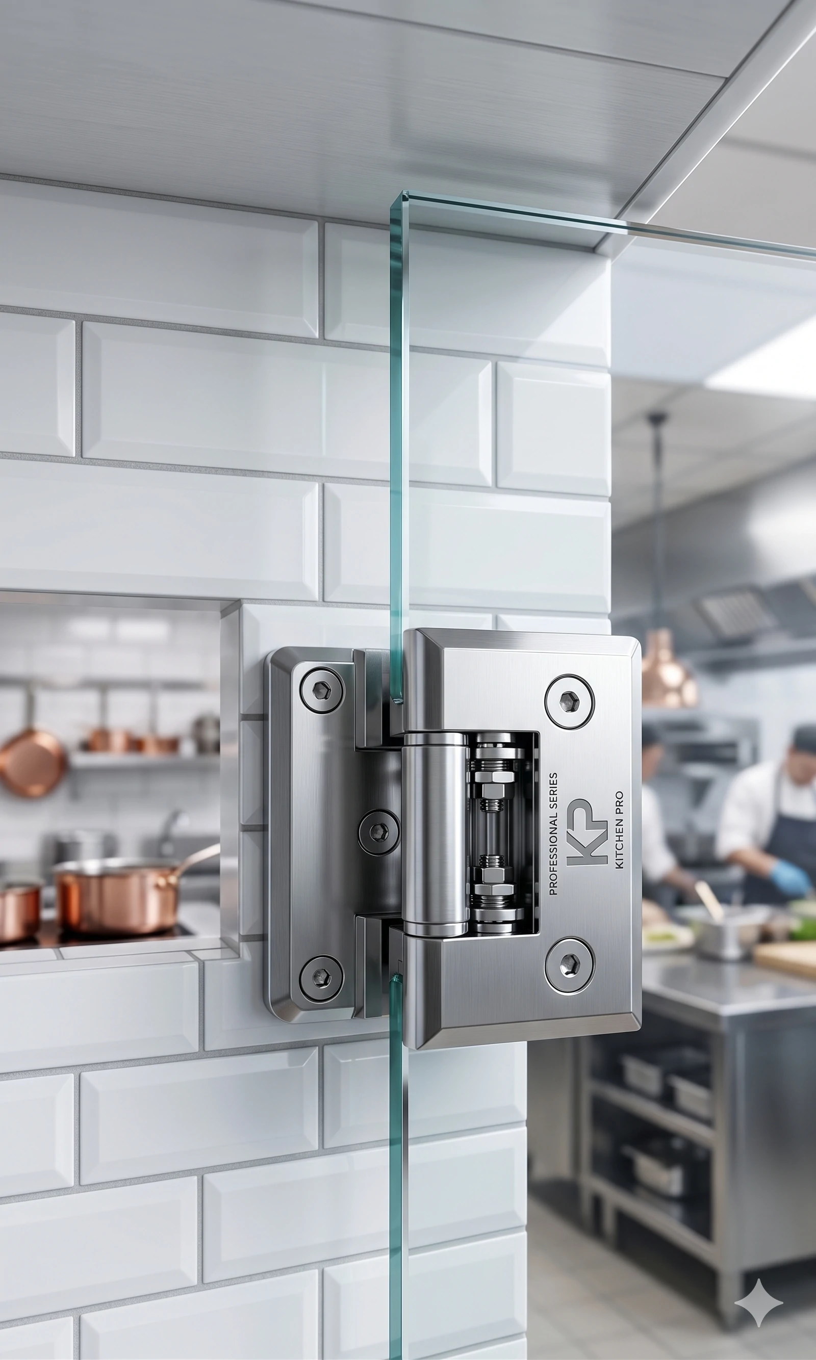 Heavy duty stainless steel hinge on commercial kitchen glass door