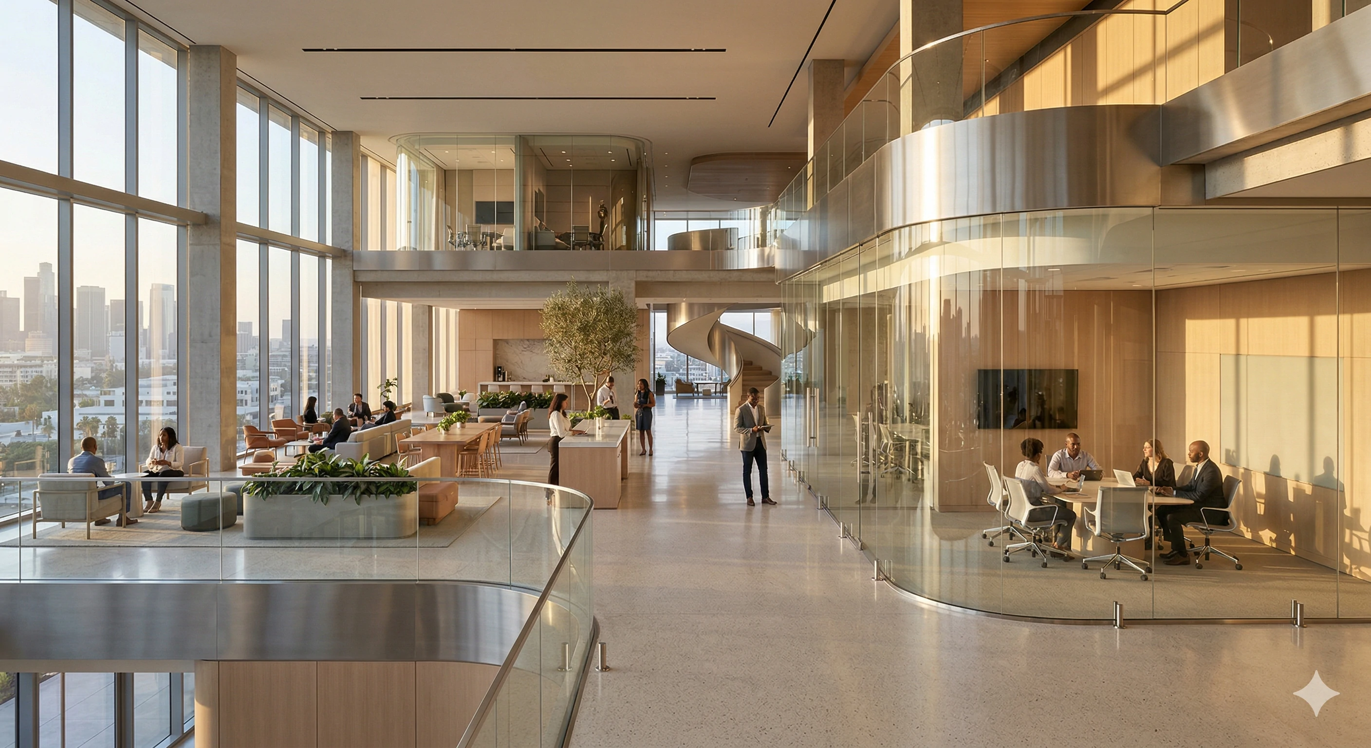 Spacious modern corporate office with curved glass walls and workers.